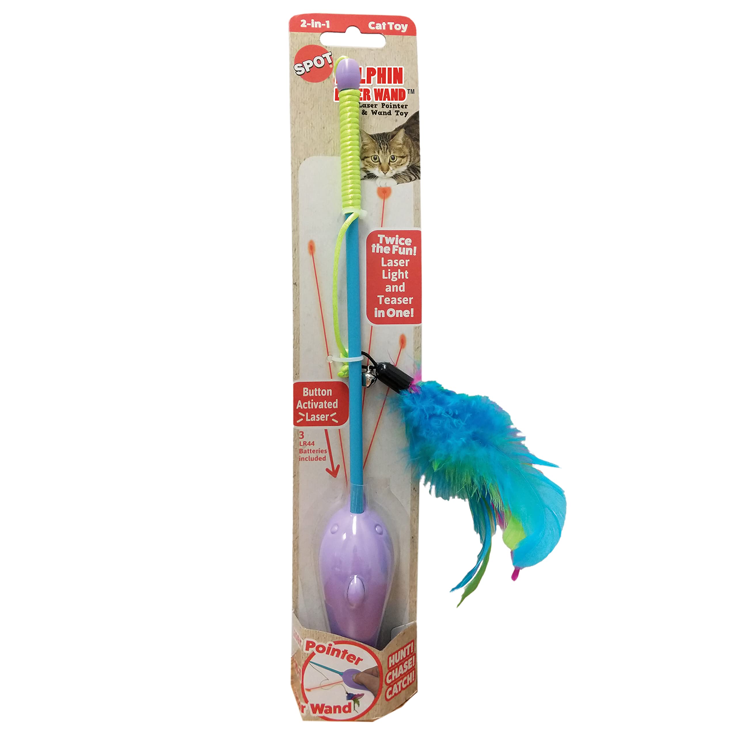 Spot Dolphin Laser Wand - 2-In-1 Feather Teaser And Laser Pointer Cat Toy, Brightly Colored Feather Teaser Wand And Button-Activated Laser Pointer For Twice The Fun, Batteries Included
