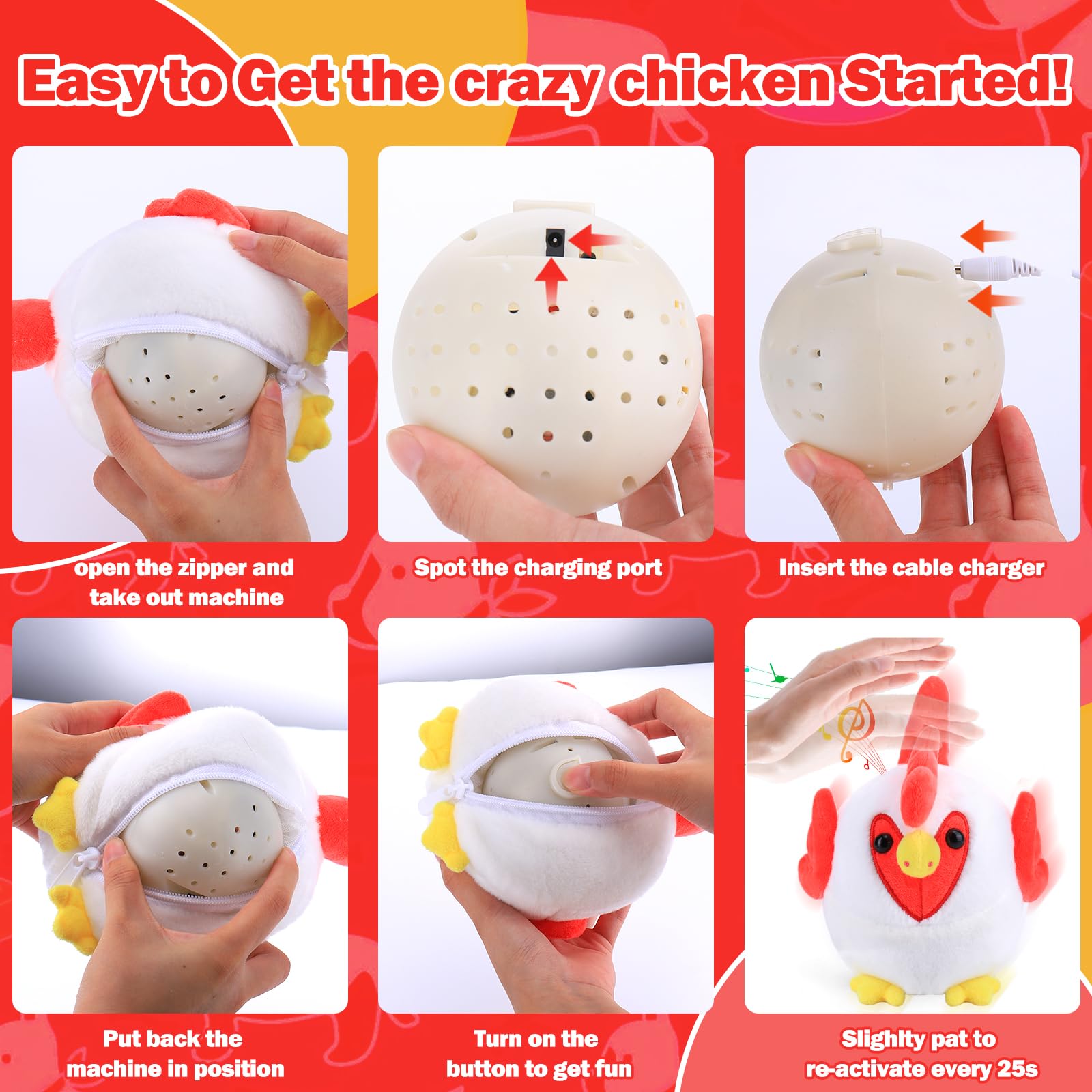 Mity rain Interactive Dog Toy - Crazy Chicken, Rechargeable, Self-Moving Ball for Small/Medium/Large Dogs, Durable Plastic
