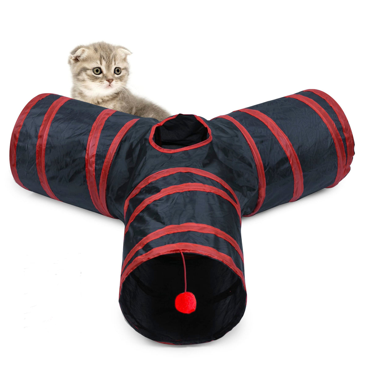 Alicedreamsky Cat Tunnel, Collapsible Tube With 1 Play Ball Kitty Toys, 3 Ways Cat Tunnels For Indoor Cats, Puppy, Kitty, Kitten, Rabbit (Black And Red)…