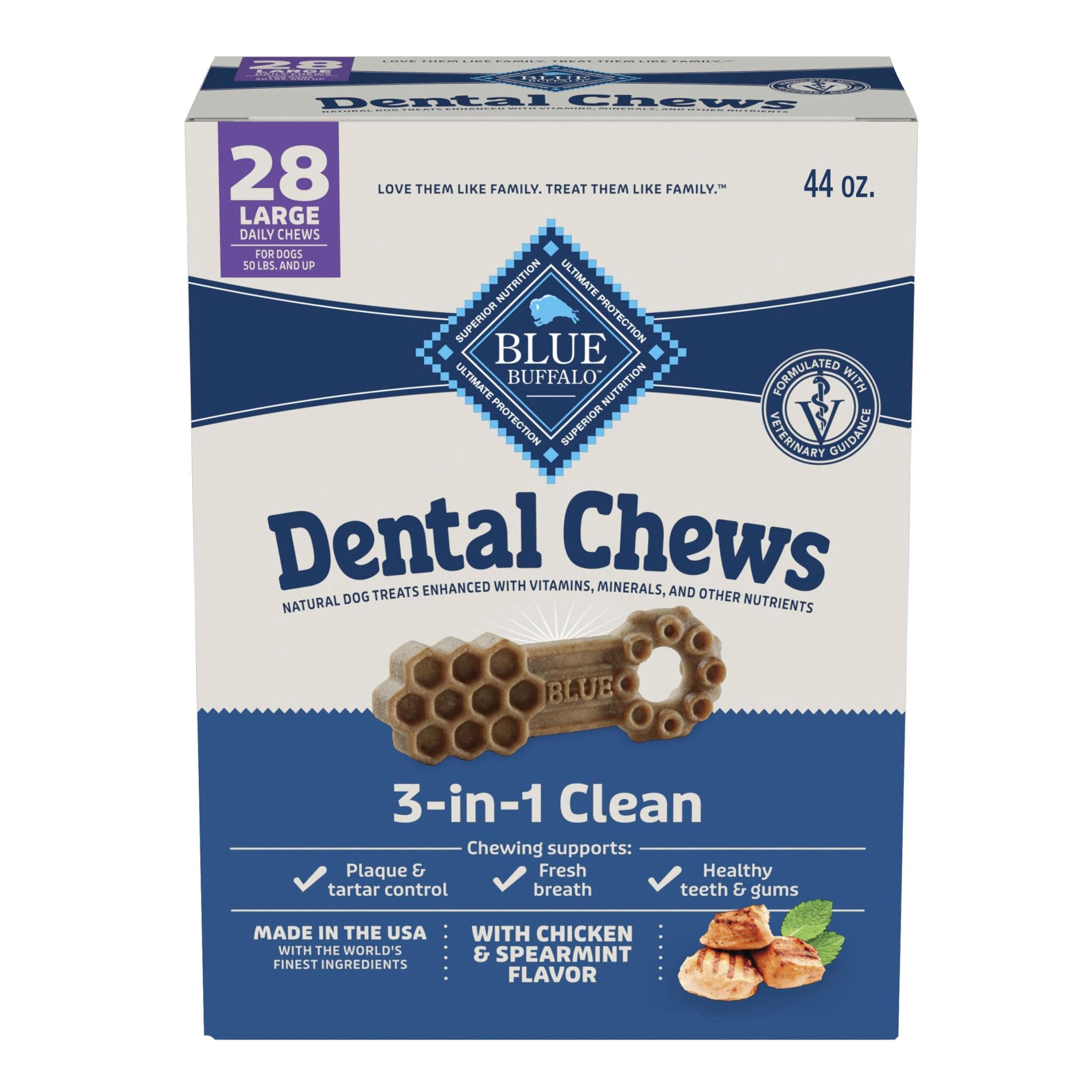 Blue Buffalo Large Dental Chews for Dogs, Daily Dental Care Dog Treats Made in The USA with Natural Ingredients, Chicken & Spear