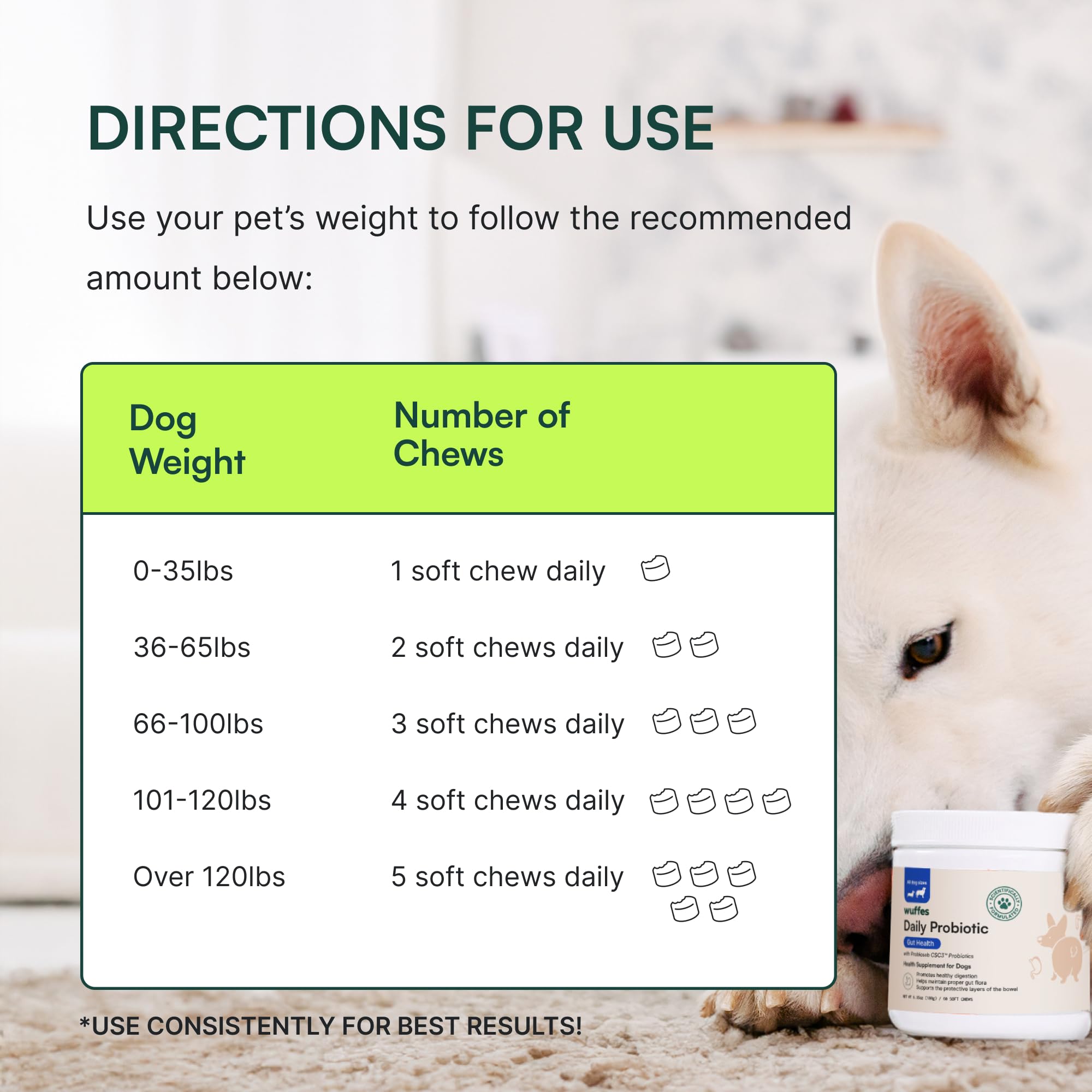 Wuffes Daily Probiotic for Dogs - Supports Digestive Health, Gut Balance, and Immune System - with Prebiotics, Marshmallow Root,