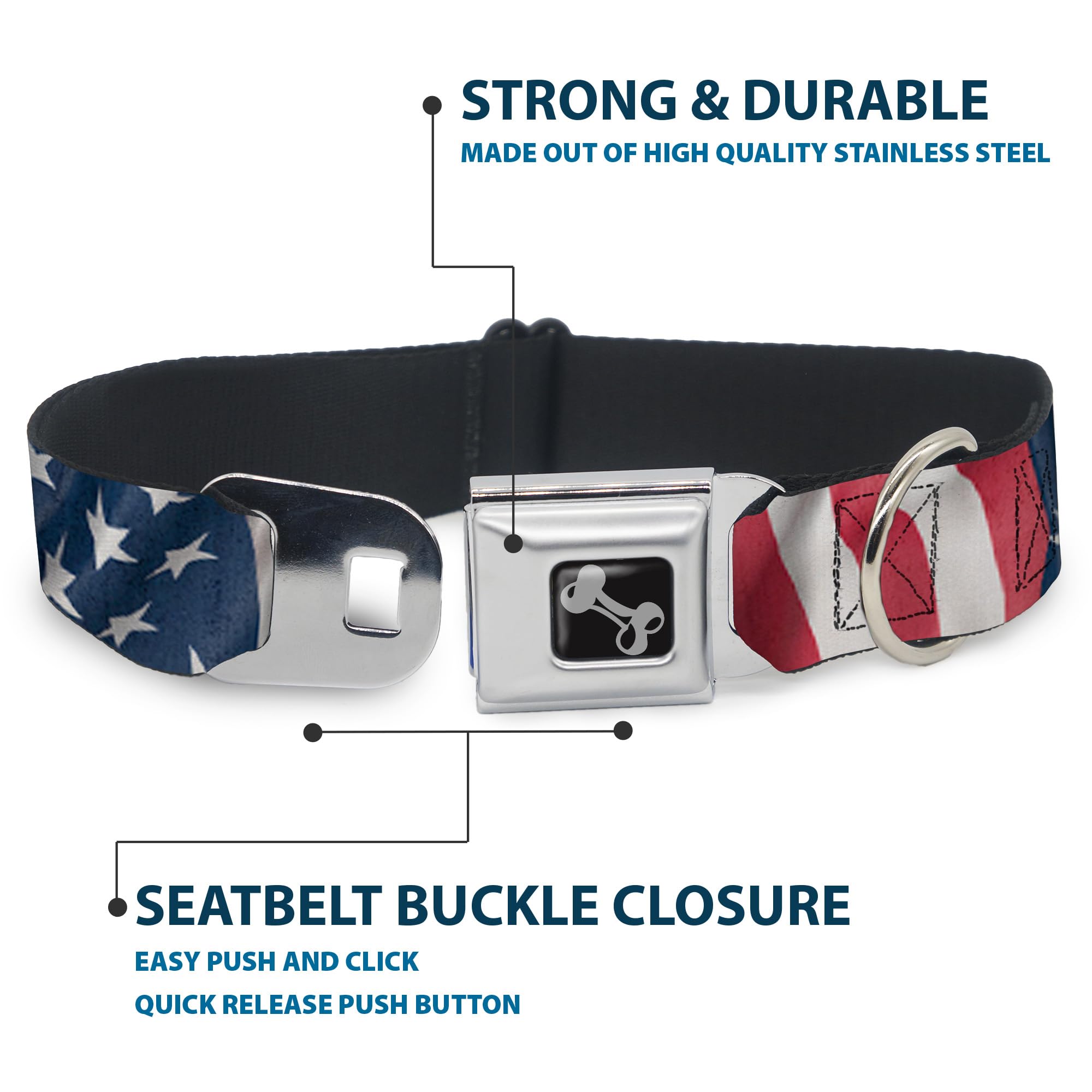 Dog Collar Seatbelt Buckle American Flag Vertical Close Up 11 To 17 Inches 1.0 Inch Wide