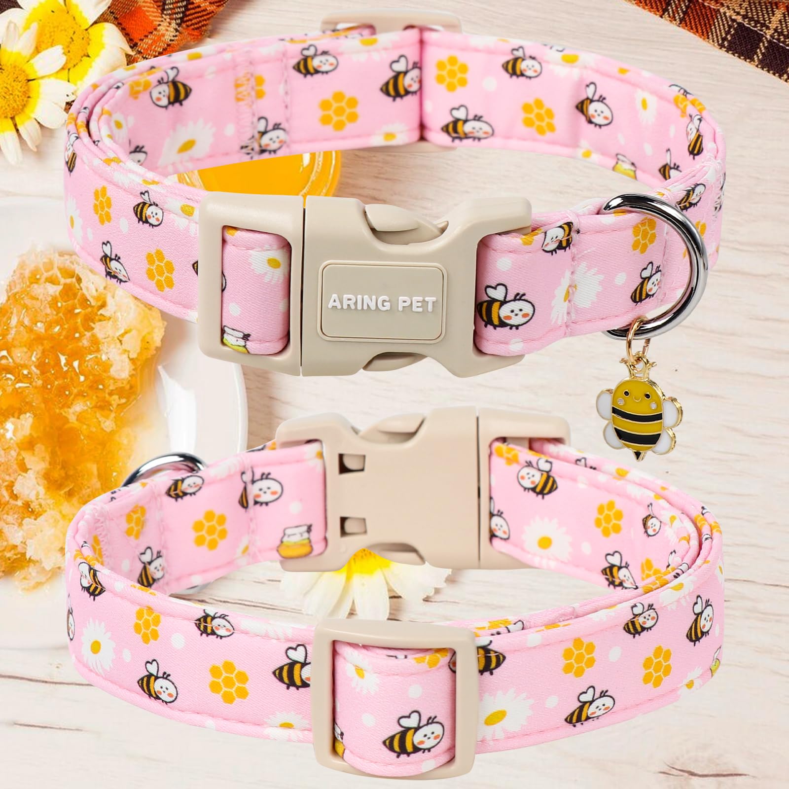 Aring Pet Summer Dog Collar-Cute Pink Bees Dog Collars, Adjustable Bees&Daisy Print Pet Collars Puppy Collar With Quick Release