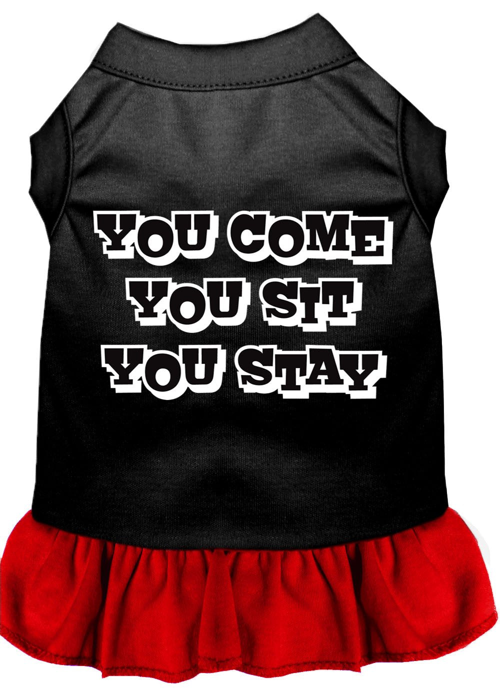 Pet Dog & Cat Dress Screen Printed, You Come, You Sit, You Stay Black W/Red SM (3-6 lbs.)