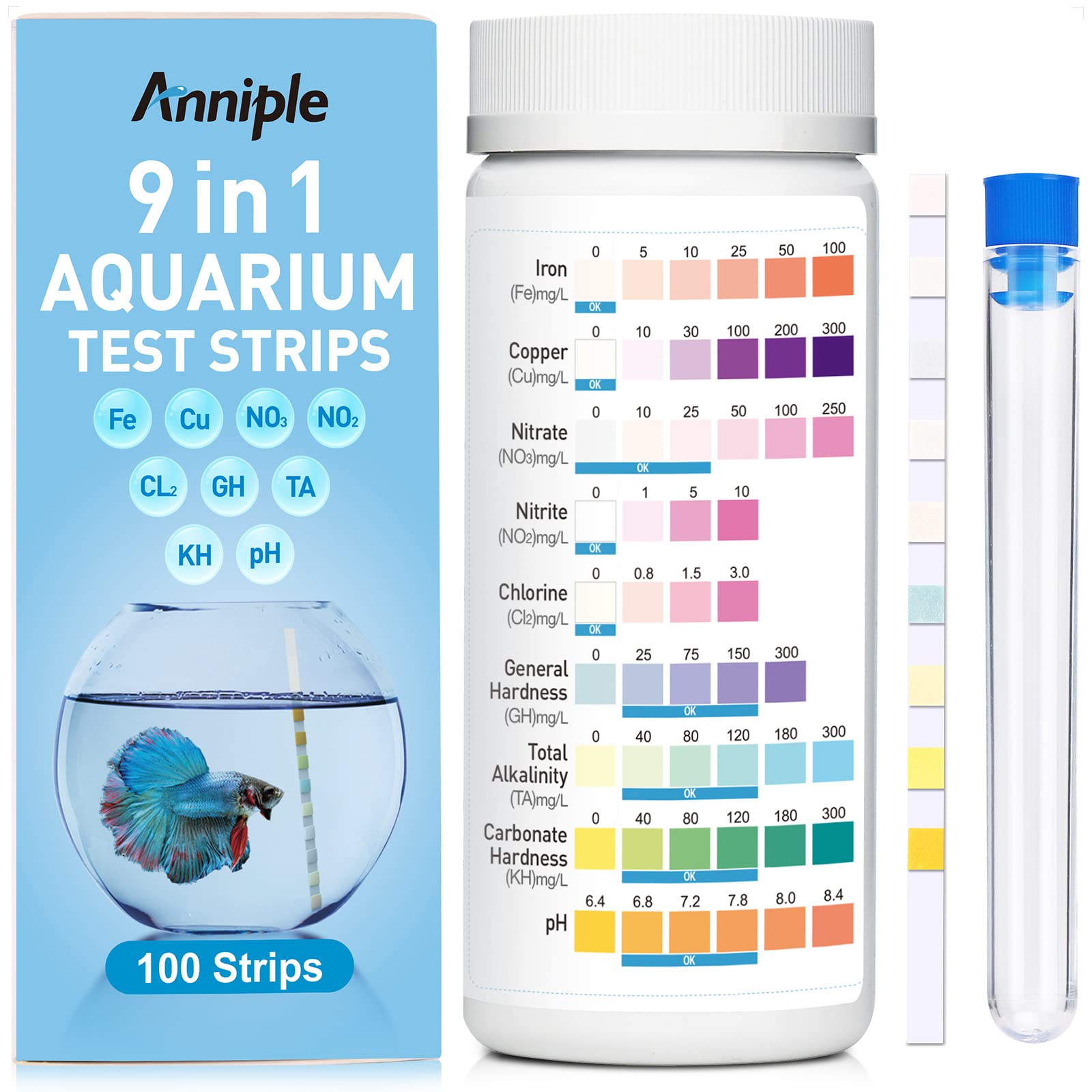 9 in 1 Aquarium Test Strips - 100 Strips Aquarium Water Test Kits for Freshwater Saltwater - Testing for Iron, Copper, Nitrite, 