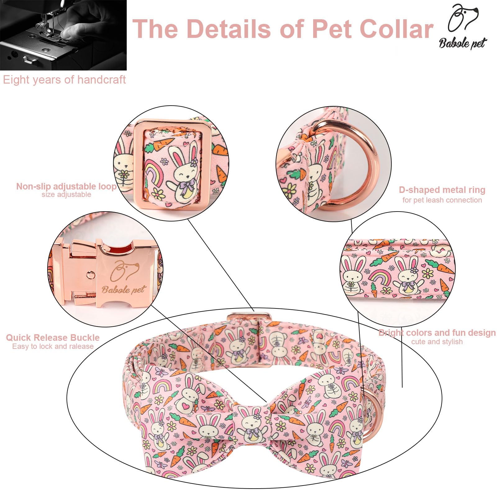 Babole Pet Easter Dog Collar With Bow Tie - Bunny Pattern Pink Bowtie Adjustable Heavy Duty Spring Collar For Small Medium Large