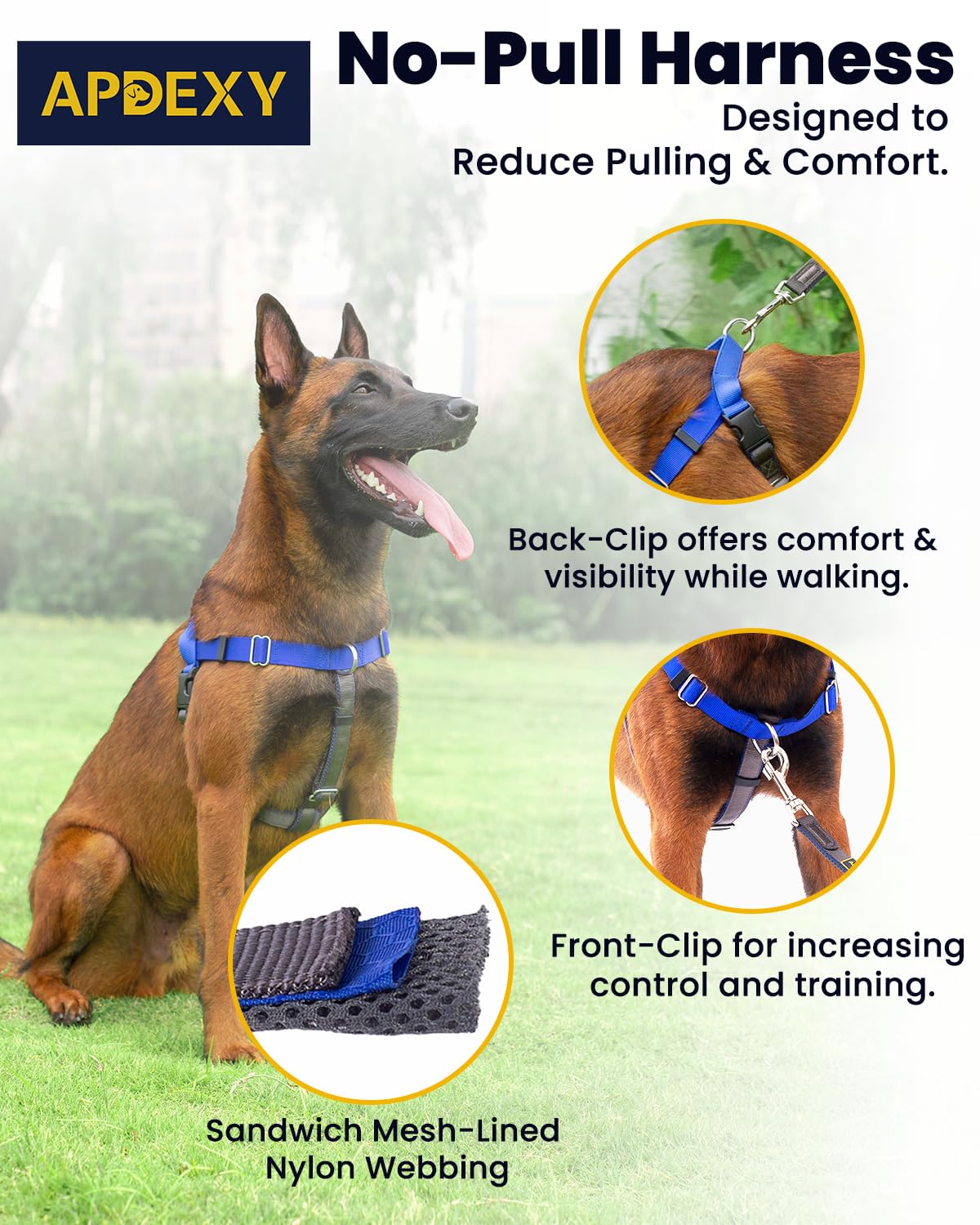 APDEXY Freedom No Pull Dog Harness for Large Dogs, Easy Walker, Front Clip, Anti Pull with Two Stainless D-Rings, Comfortable, S