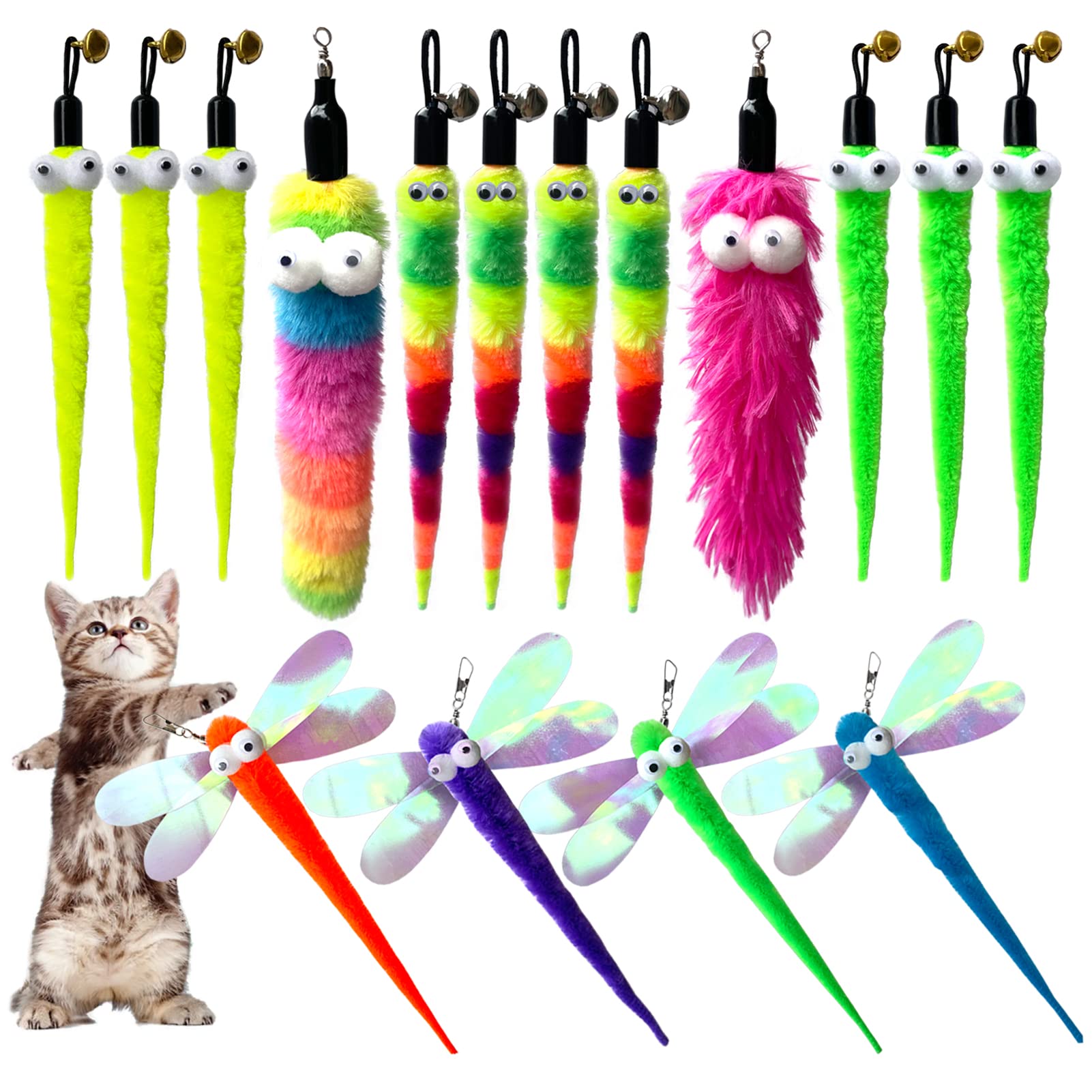 Cat Worm Teaser Toys Wand Attachments Fishing Pole Toy Refill - 16Pcs Assorted Cat Worms