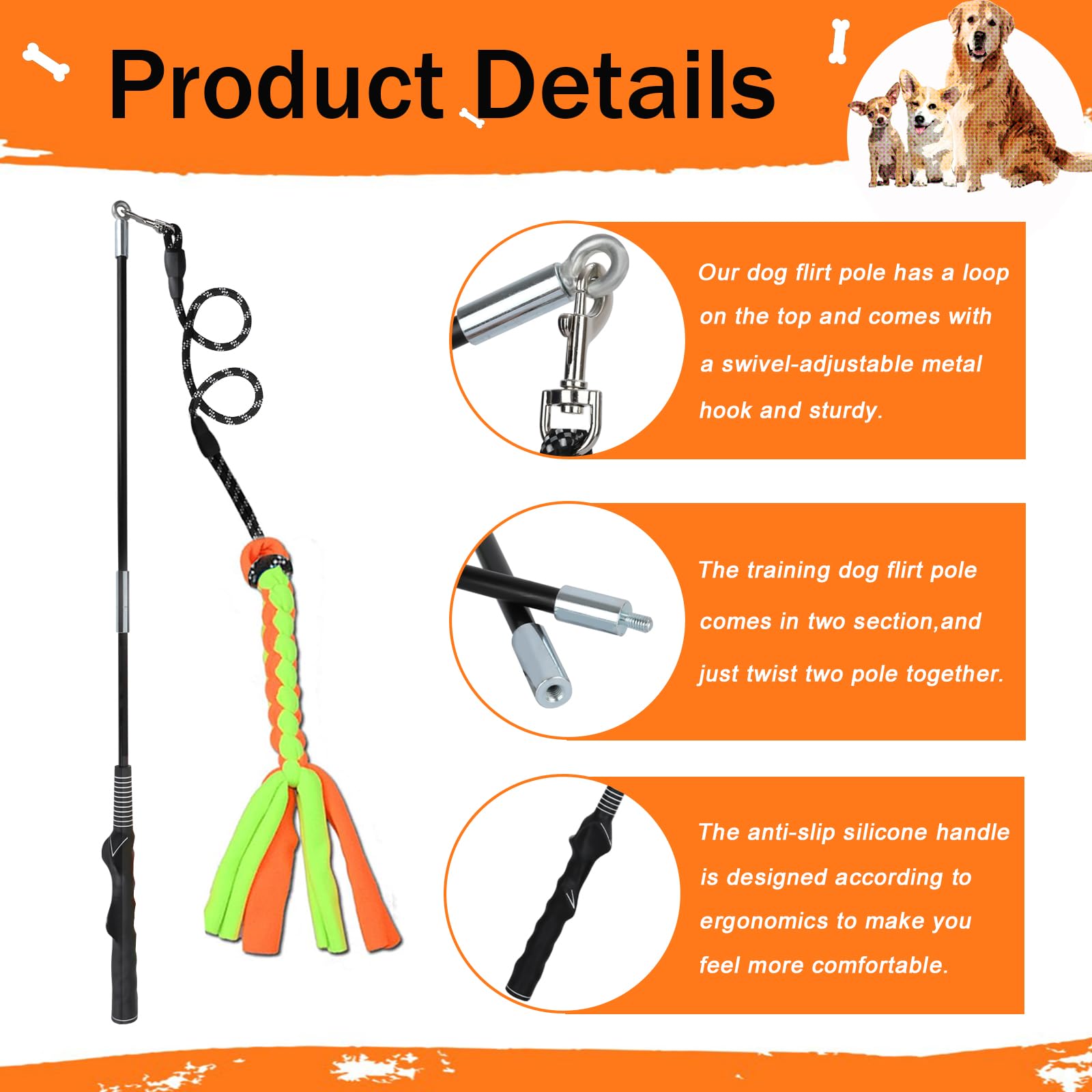 SYOOY Flirt Pole for Dogs, Interactive Dog Toys Teaser Wand Play Pole with Fleece Rope Lure Chewing Toy for Small Medium Large D