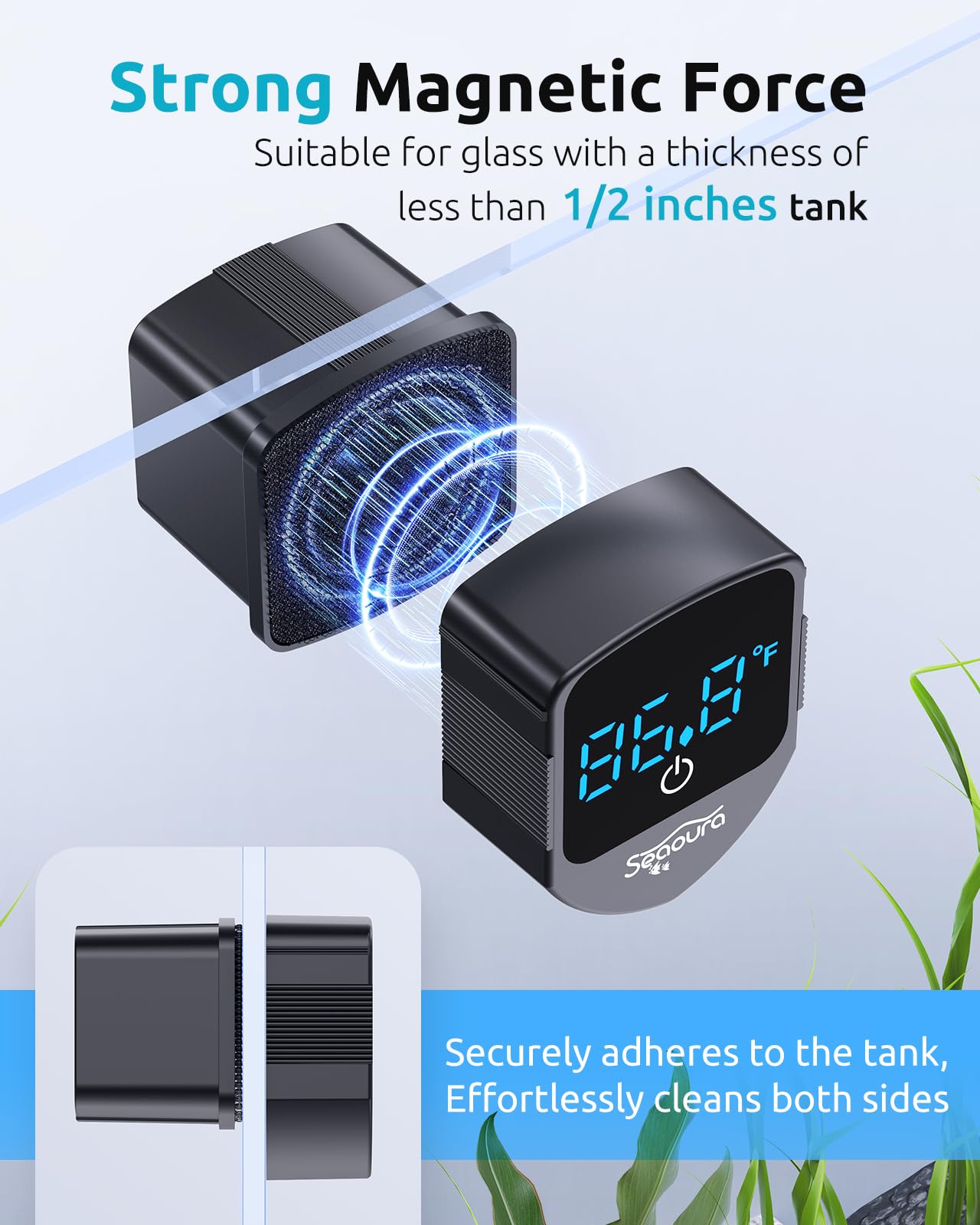 SEAOURA 2-in-1 Aquarium Magnetic Cleaner with Digital Aquariums Thermometer, Fish Mini Magnets Brush only for Glass Tank,Tiny Ma