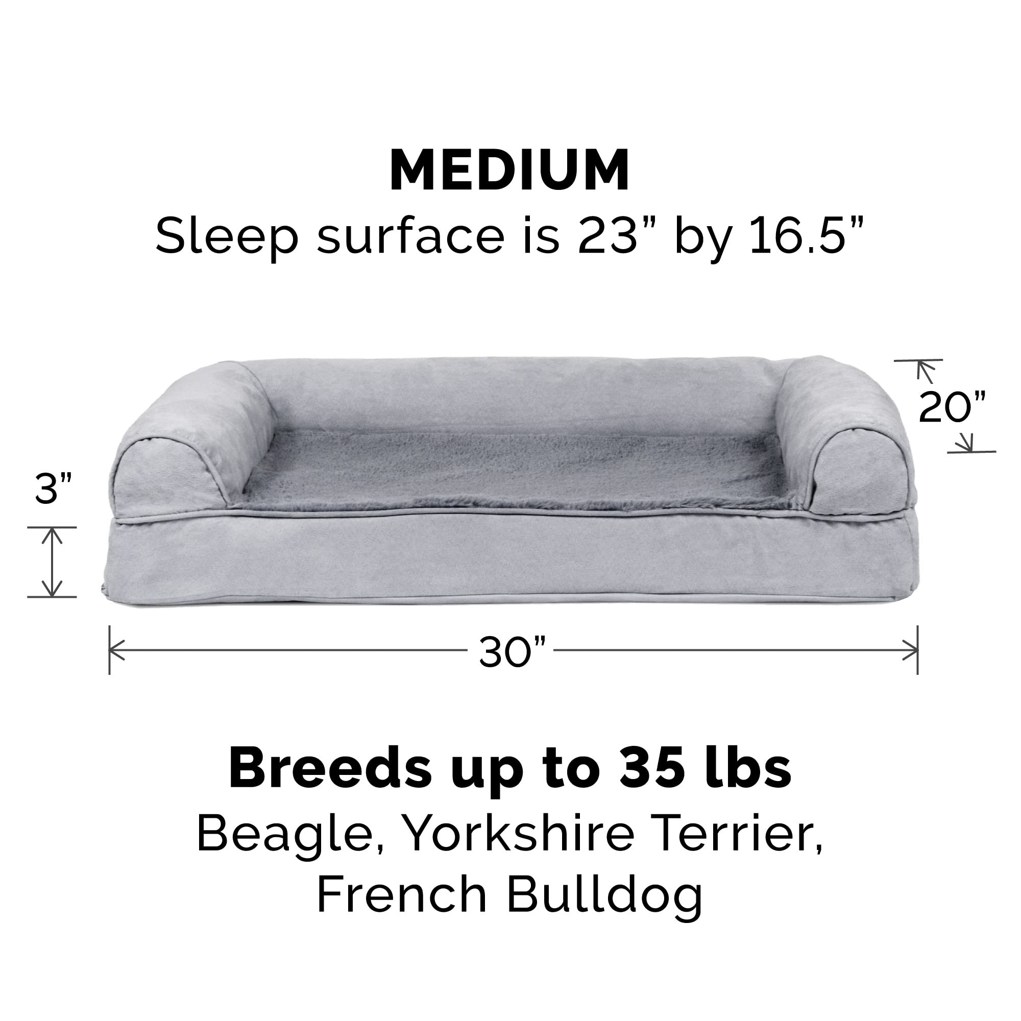 Furhaven Orthopedic Dog Bed For Medium/Small Dogs W/ Removable Bolsters & Washable Cover, For Dogs Up To 35 Lbs - Plush & Suede Sofa - Gray, Medium