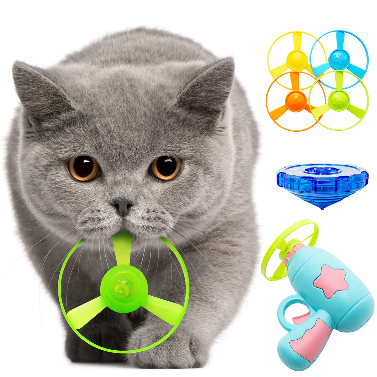 Jumbostone Cat Fetch Toy - Interactive Flying Disc With Light Up Spinning Tops, Led Propellers, And 4 Flying Propellers - Cat Tr