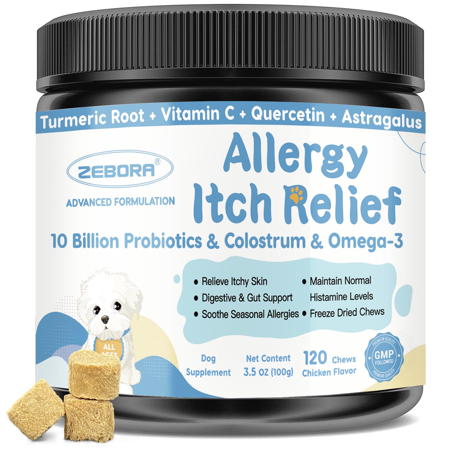 Dog Allergy Relief Chews, with Probiotics, Omega 3, Colostrum - Dog Itching Skin & Ears Relief, Herbal Skin & Coat Supplement, G