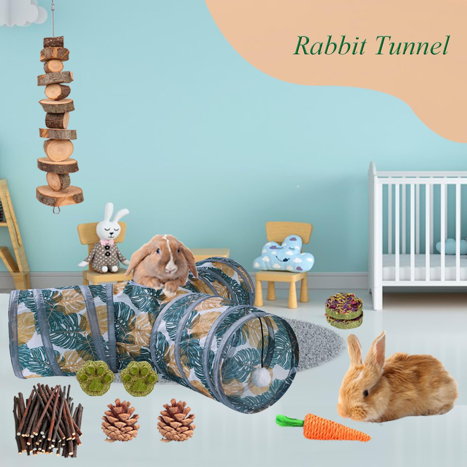Grddaef Bunny Tunnel, Collapsible 3 Way Rabbit Tunnel And Tubes With Small Animal Hideout Chew Toys For Rabbit Guinea Pig Ferret