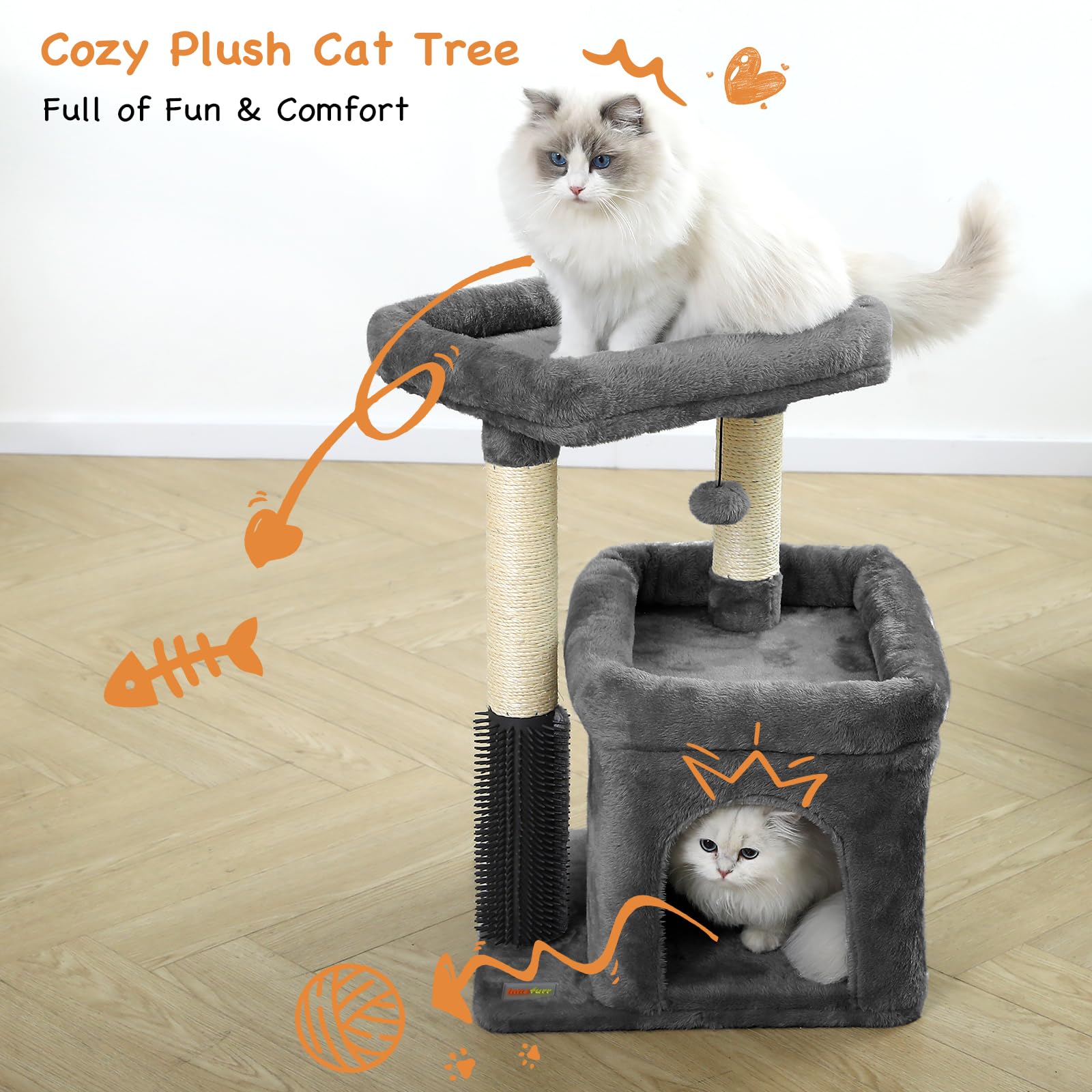 Innsfurr Small Cat Tree For Indoor Cats, Cat Tower With Scratching Posts For Multiple Cats, Plush Cozy Perch, Cat Massage Brush,