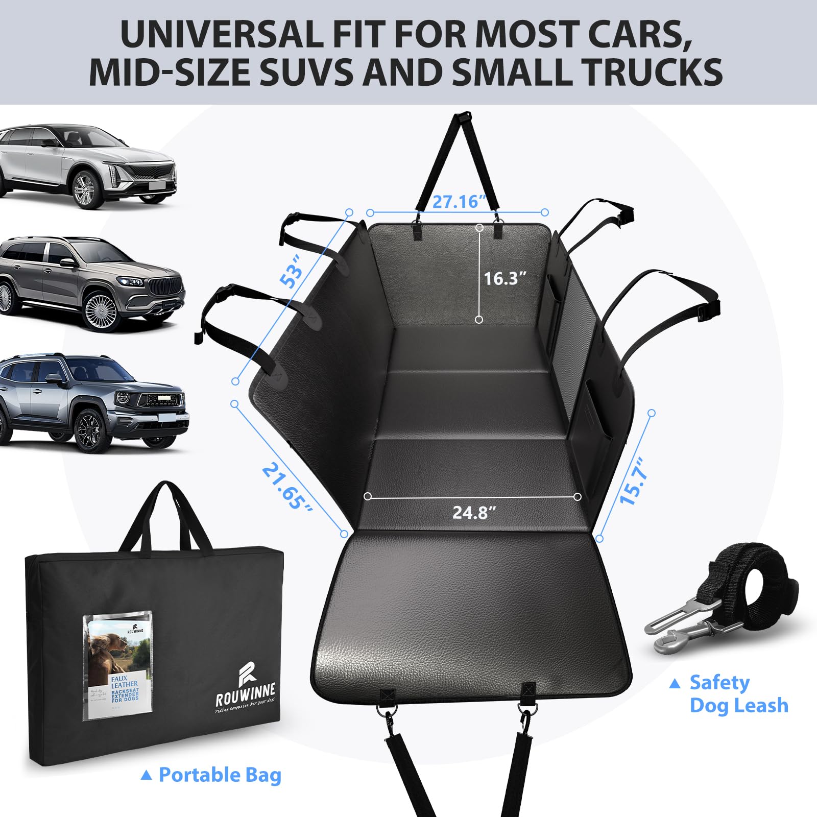 Rouwinne Back Seat Extender For Dogs-Upgraded Pu Leather, Hard Bottom Dog Car Seat Cover For Back Seat, Anti-Scratch Backseat Extender For Dogs, Waterproof Dog Hammock For Car, Suv, 400Lbs