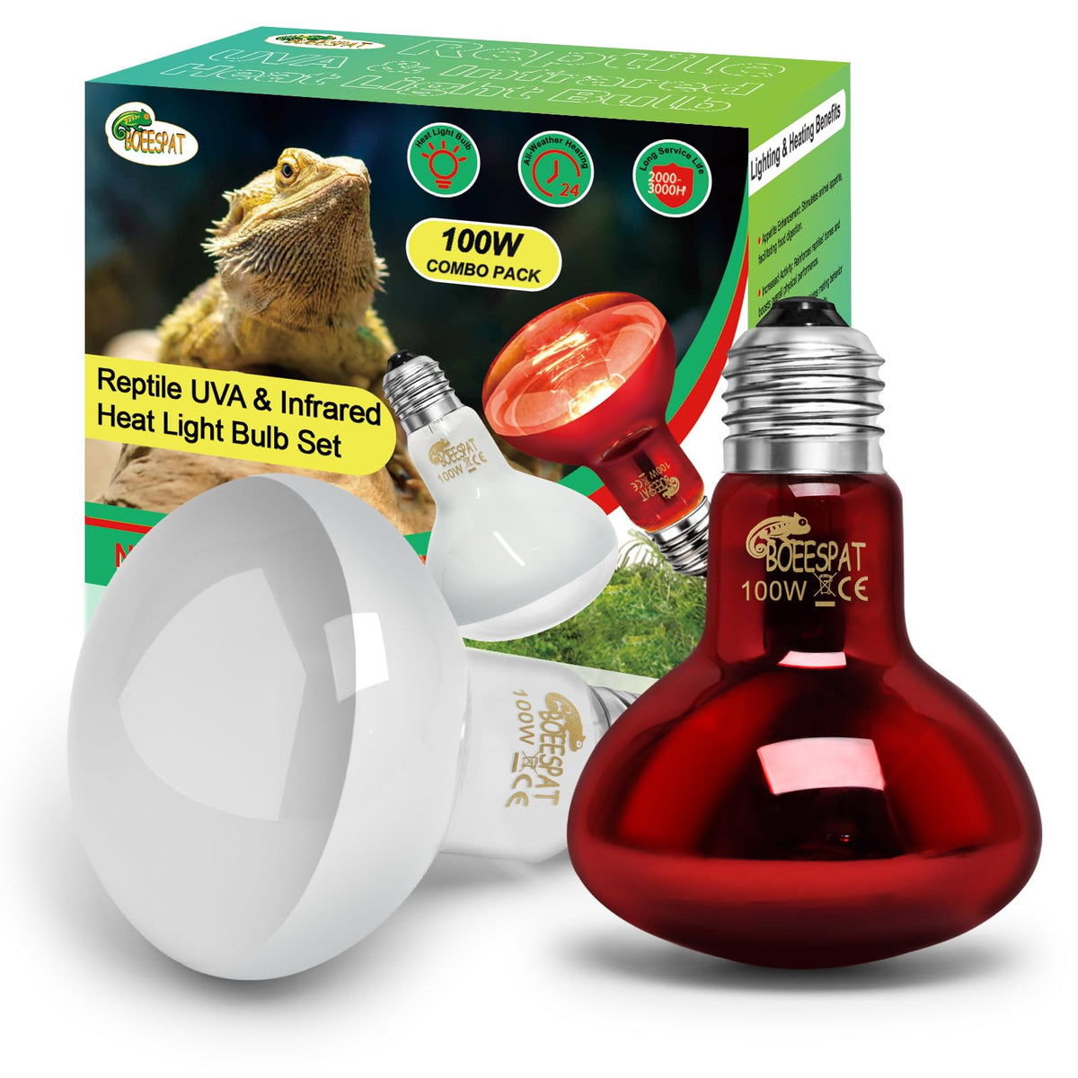 BOEESPAT 100W Daylight Basking Light Bulb & Infrared Heat Lamp Bulb for Amphibians Reptiles Bearded Dragon, Turtle, Lizard, Snak