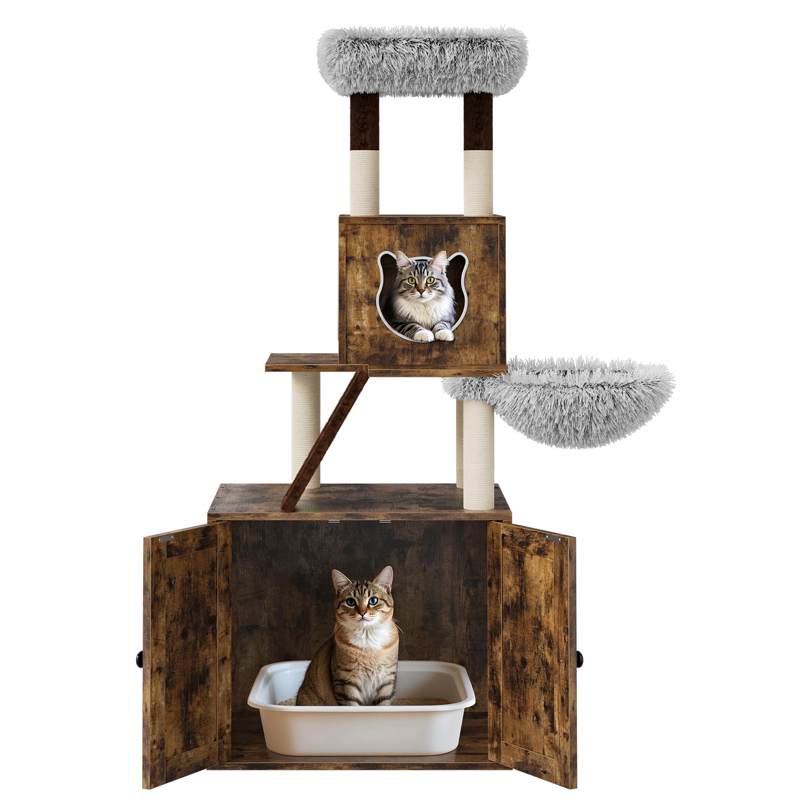 57.5-Inch Cat Tree With Litter Box Enclosure 2-In-1 Modern Large Cat Tower For Indoor Cats With Condo/Hammock/Scratching Post/Pl
