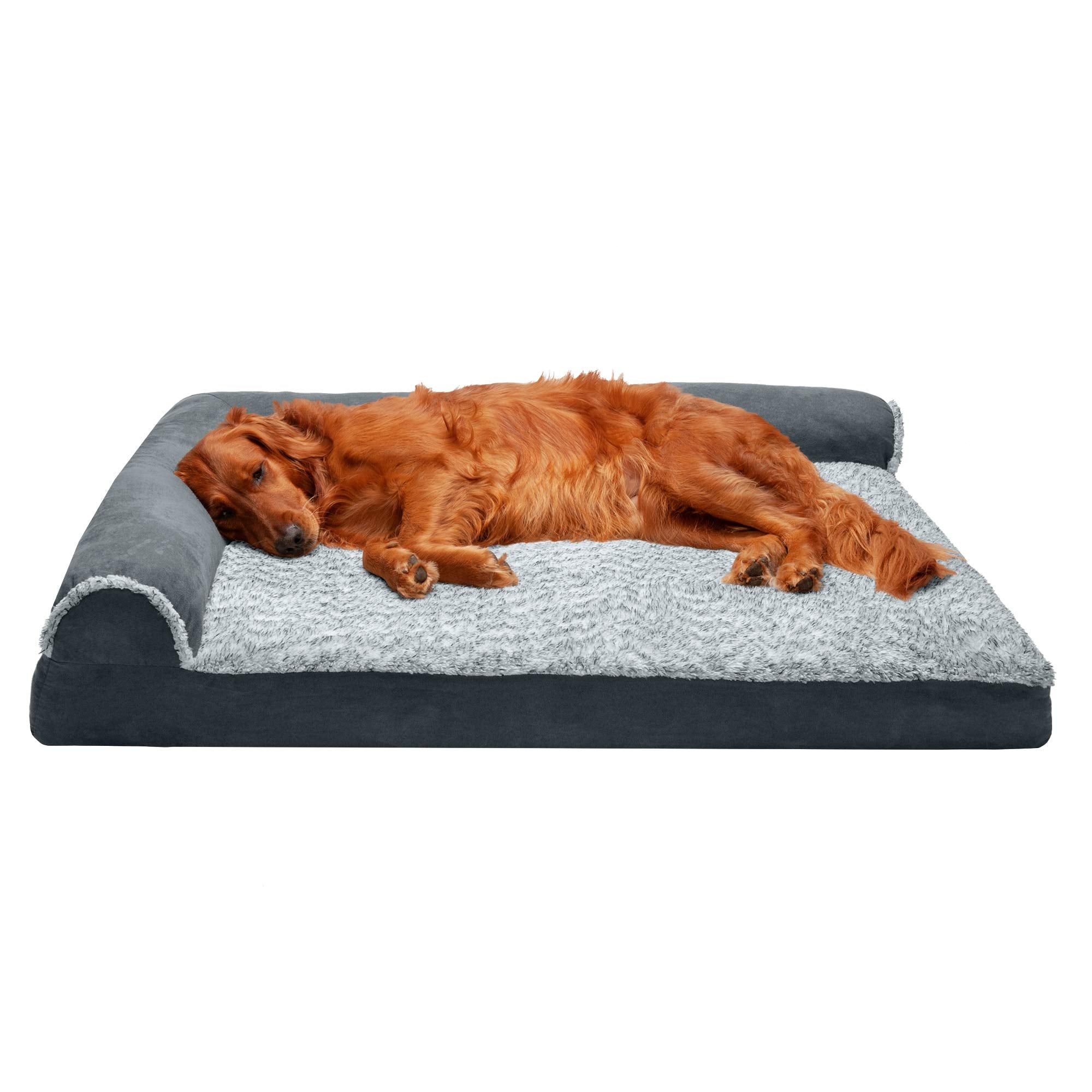 Furhaven Memory Foam Dog Bed For Large Dogs W/ Removable Bolsters & Washable Cover, For Dogs Up To 95 Lbs - Two-Tone Plush Faux Fur & Suede L Shaped Chaise - Stone Gray, Jumbo/Xl