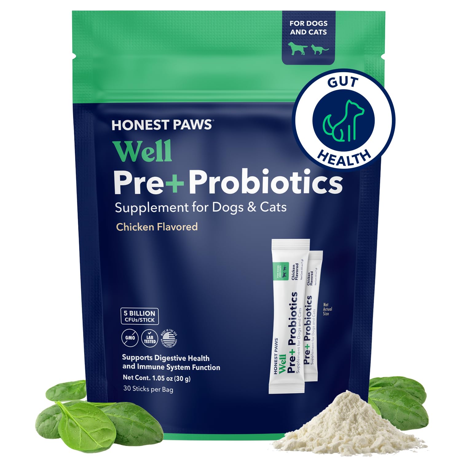 Honest Paws Probiotics for Dogs - Digestive & Immune Support Powder with Prebiotic Made in The USA, Chicken Flavor (30 Sticks)