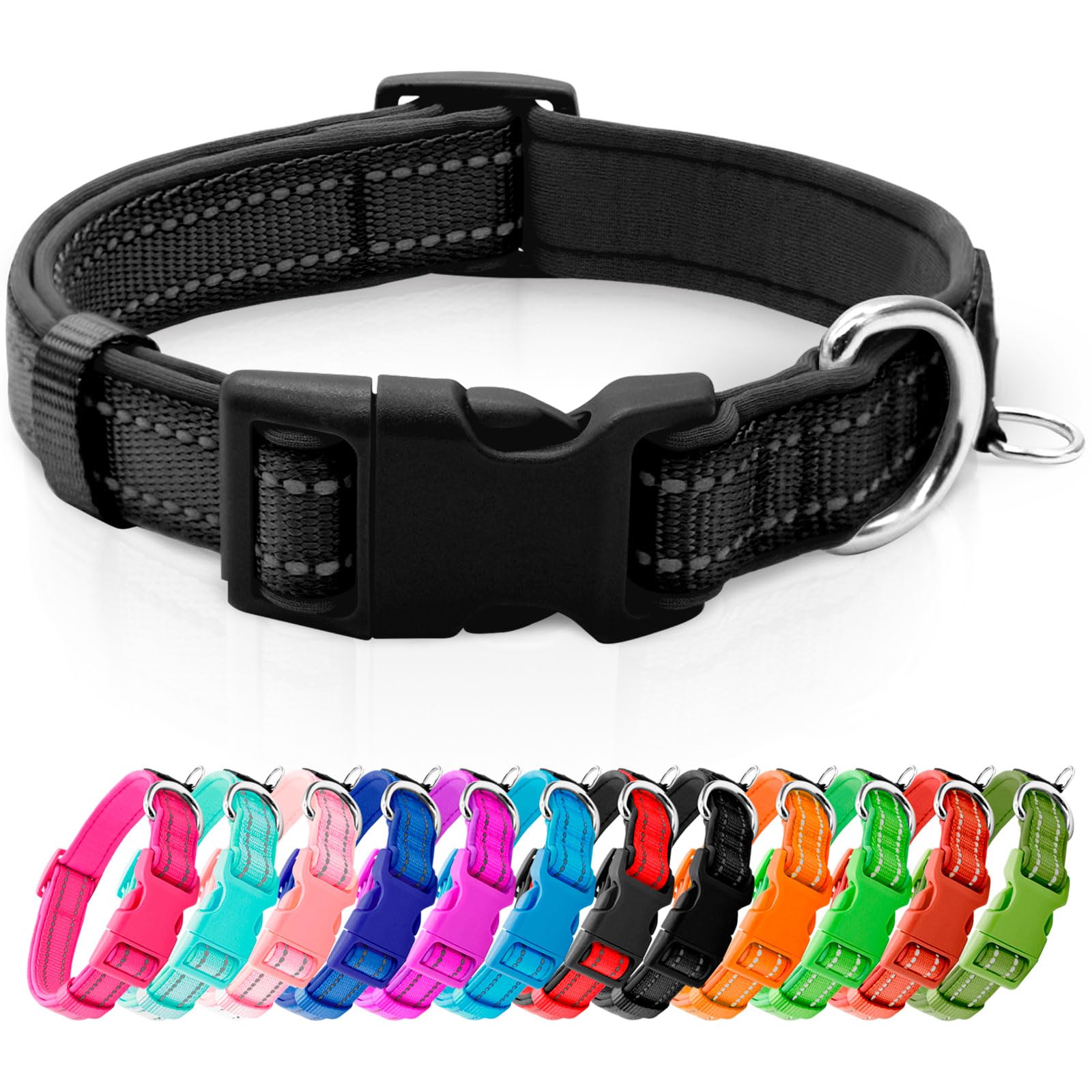 Azuza Reflective Dog Collar,Soft Neoprene Padded Pet Collar With Id Tag Ring,Adjustable For Medium Dogs,Black,M