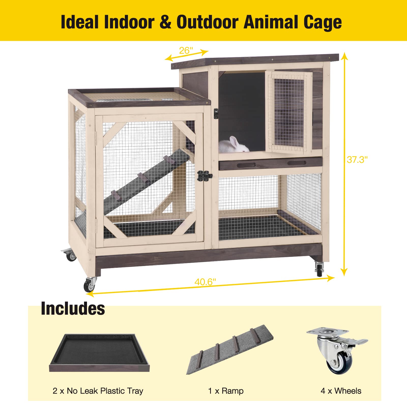 Rabbit Hutch Cage Outdoor And Indoor Bunny Hutch On Wheels With Two Deeper No Leak Trays, Guinea Pig Cages Rabbit House (Coffee