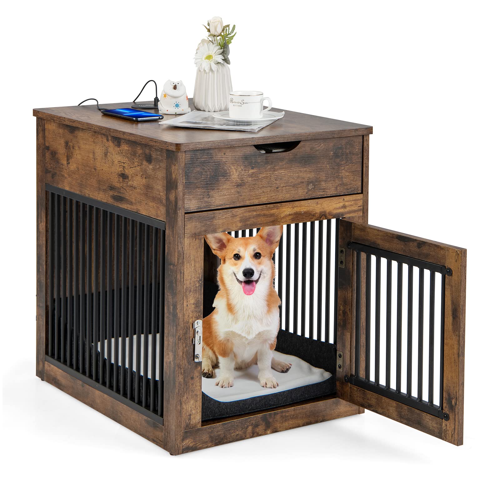 Giantex Dog Crate Furniture, Dog Kennel End Table with Chew-Proof Metal Fence, Lockable Door, Storage Drawer, Wired and Wireless