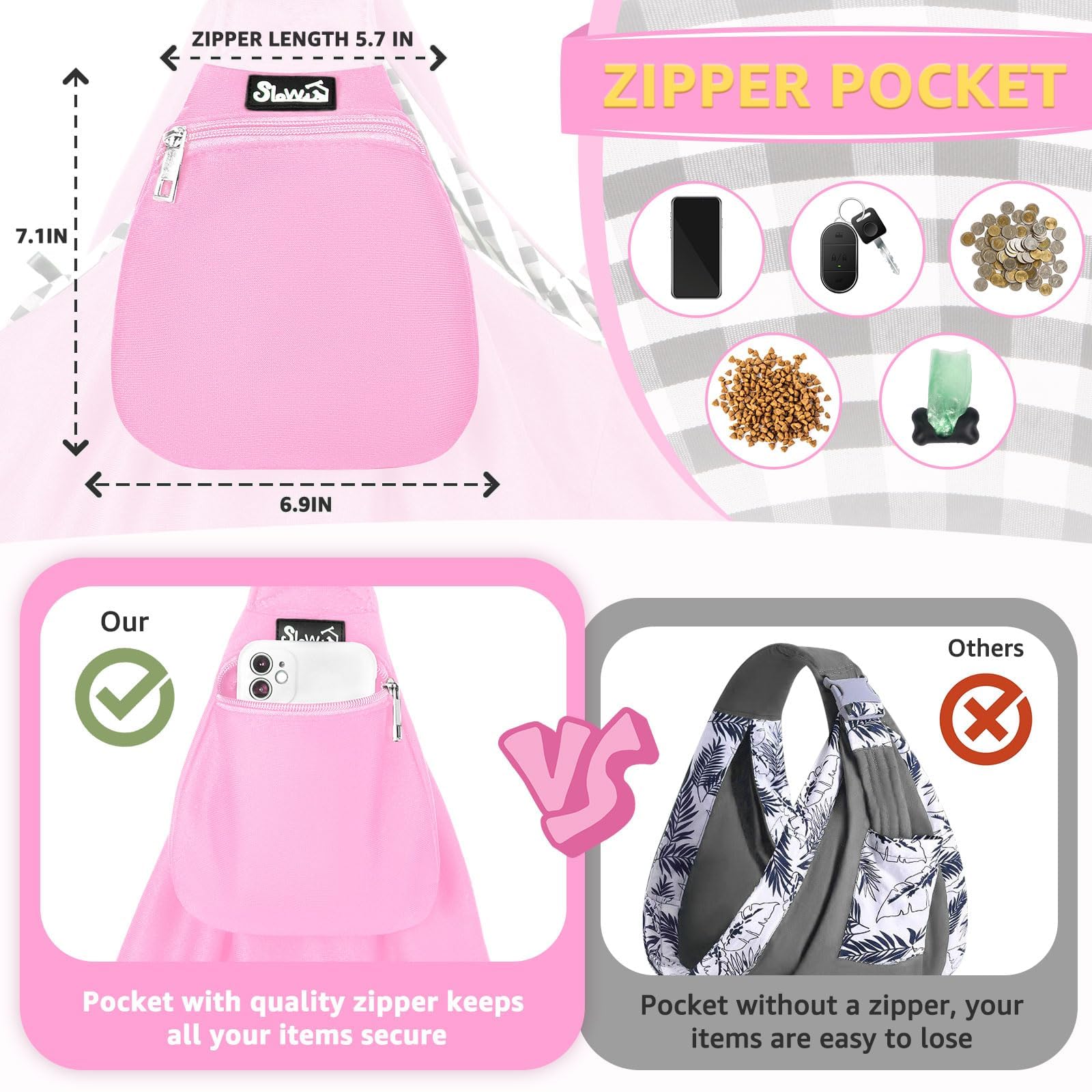Lukovee Pet Sling, Hand Free Dog Sling Carrier Adjustable Padded Strap Tote Bag, Shoulder Bag with Safety Belt & Front Pocket fo