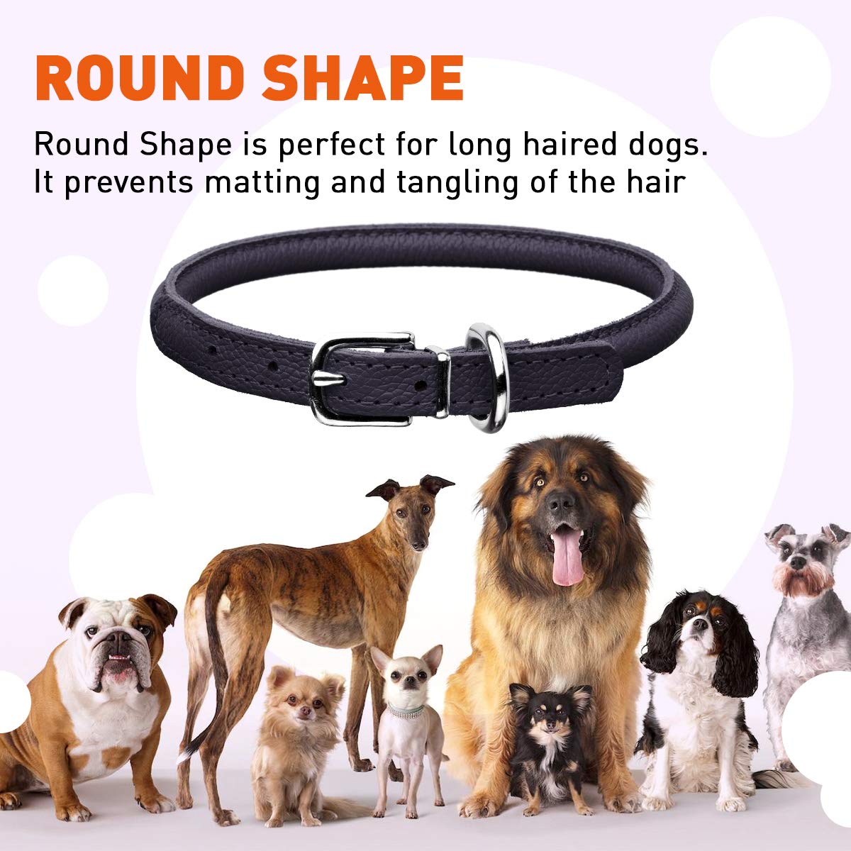 Dogline Soft And Padded Rolled Round Leather Collar For Dogs W1/4'' - L10''-13'', Black