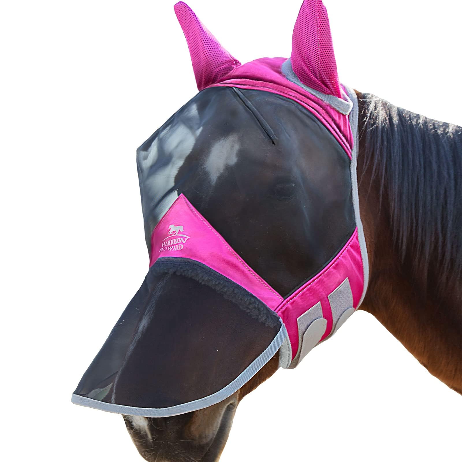Harrison Howard CareMaster Pro Luminous Horse Fly Mask Large Eye Space Long Nose with Ears UV Protection for Horse Flamingo XL E