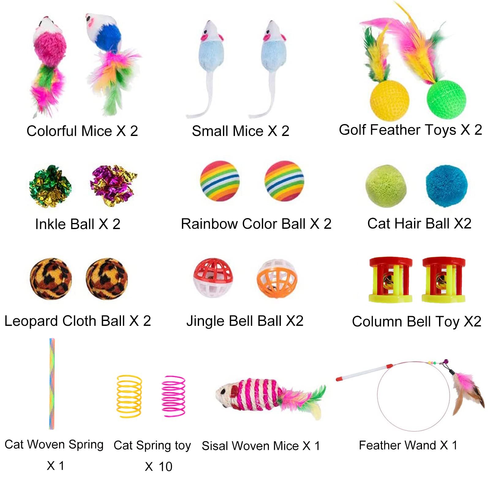 32Pcs Cat Toys Kitten Interactive Pet Toys Assortments, Foldable Rainbow Tunnel, Teaser Wand Fluffy Mouse Crinkle Balls Bell Pla
