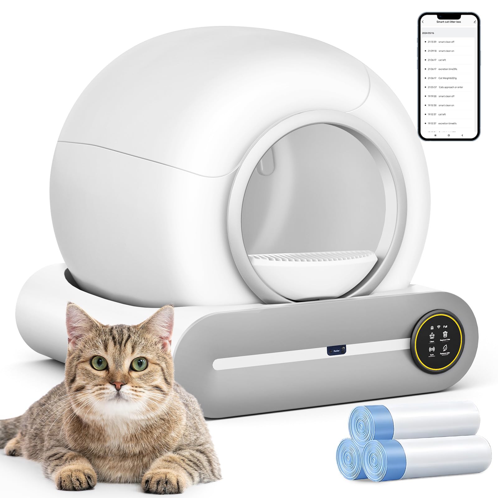 Suanpot Self Cleaning Cat Litter Box, Automatic Robot Box For Multiple Cats, Smart Self Cleaning With Safety Protection, App Con