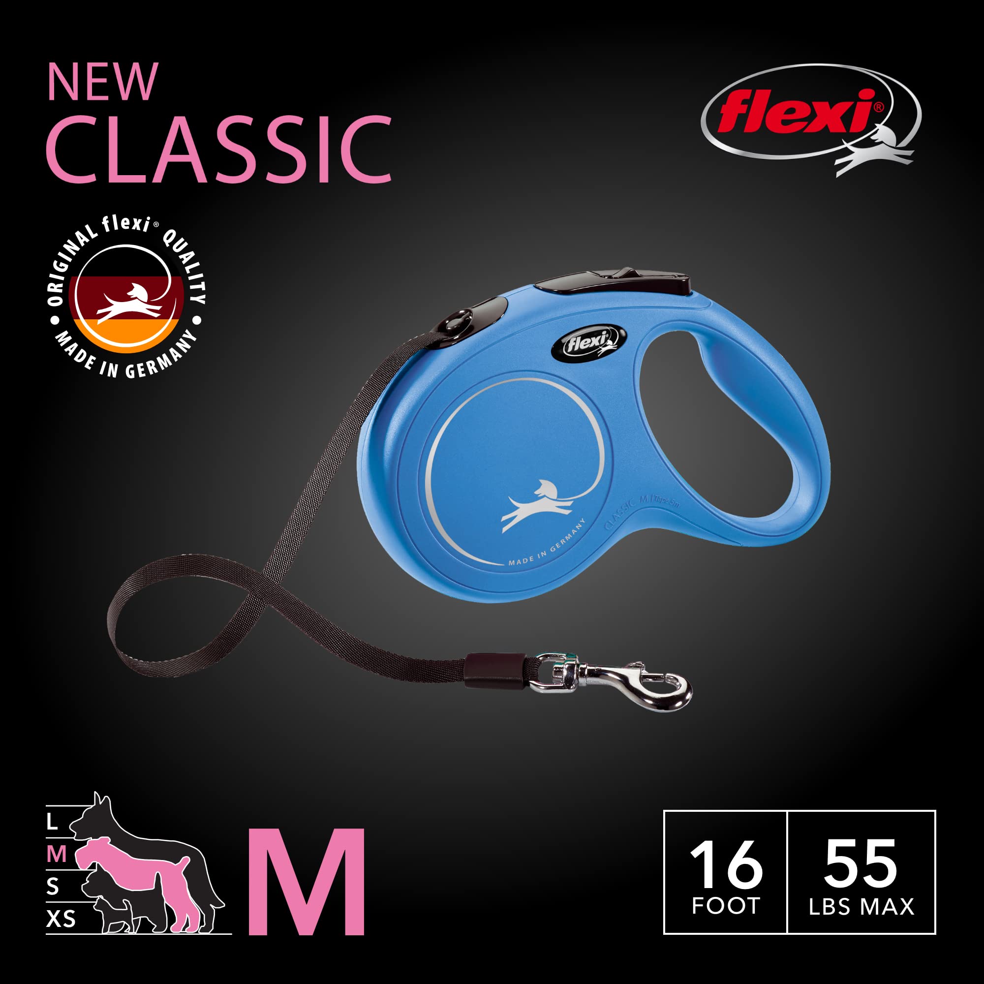 Flexi New Classic Tape Retractable Dog Leash For Medium Dogs Upto 55 Lbs. – 16 Ft., Blue | Tangle Free Pet Walking Leash With One-Handed Brake, Pause, Lock|German Quality Product