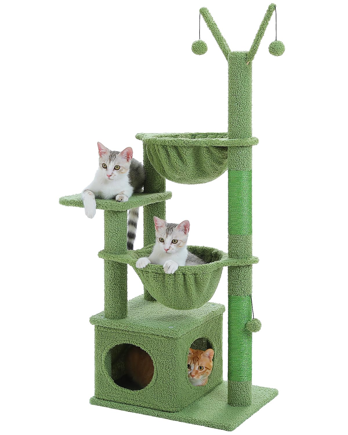 Muttros Cactus Cat Tree, 47.6'' Cat Tower With 2 Metal Frame Hammock, Cat Scratching Post For Indoor Cats With 2 Removable Pompo