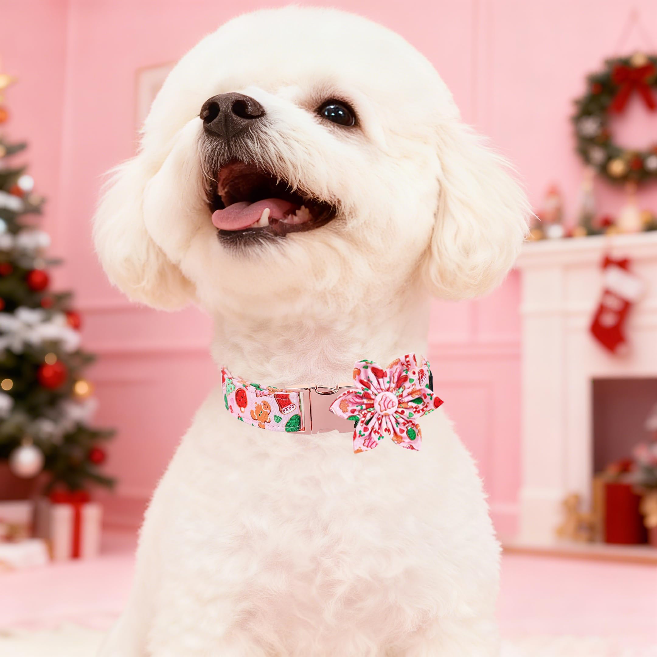 Maca Bates Christmas Pink Dog Collar with Floral Bow Tie for Large Girl Boy Dogs,Cute Gingerbread,Tree Pattern, Breakaway Adjust