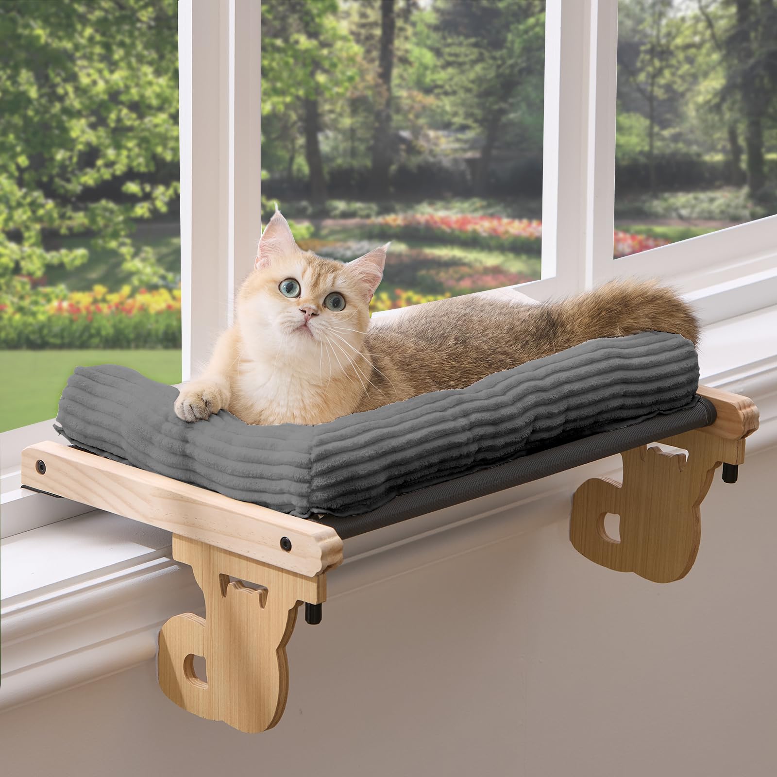Gardner Pet Cat Window Perch, 2 in 1 Cat Hammock Window Sill Seat with Cushion, Adjustable Cat Bed for Window sill, Wood & Metal