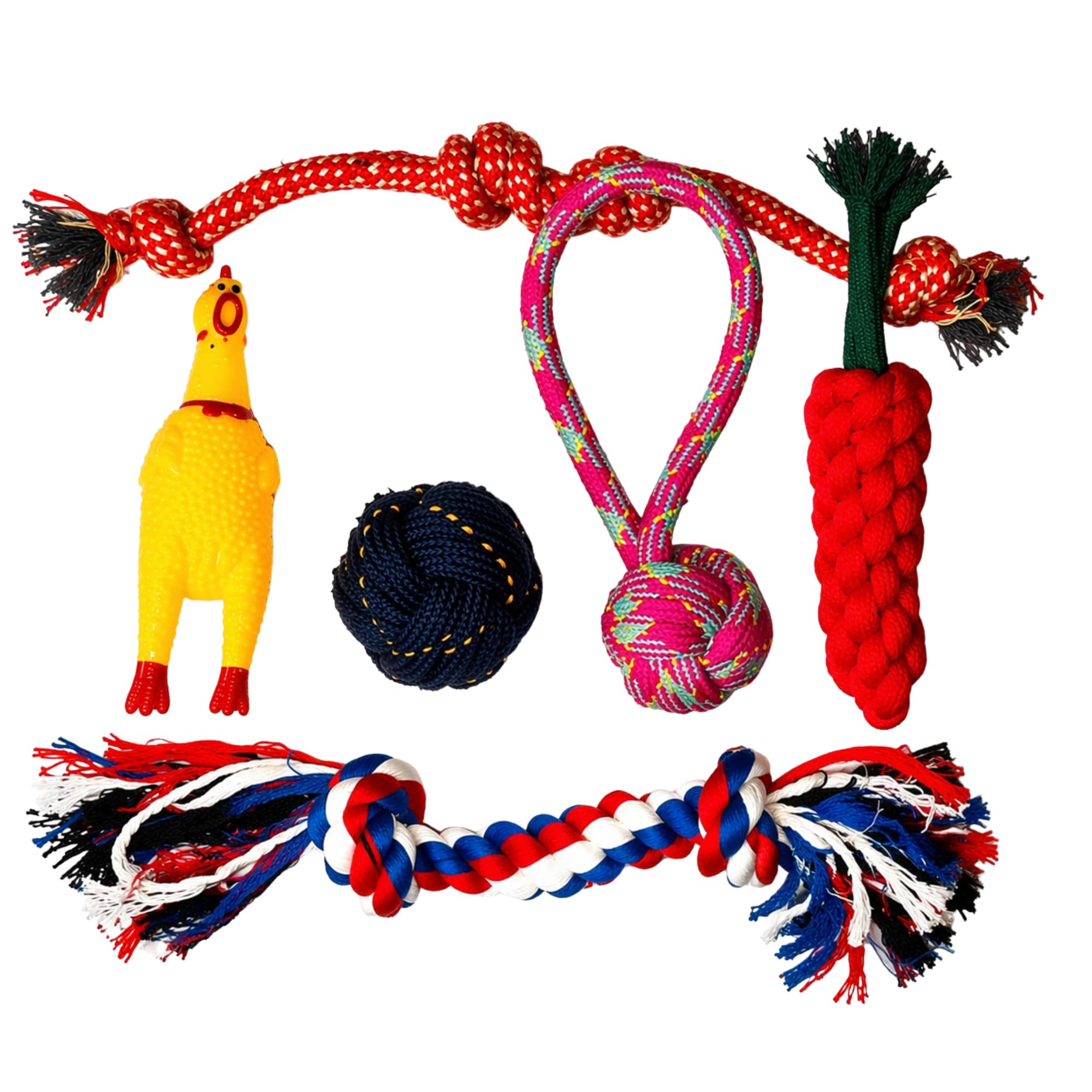 XAVTRA Dog Rope Toy Set (6 PCS) for Dogs  Durable Cotton Chew Toys with Squeaky Chicken & Ball | Interactive Tug of War, Teeth 