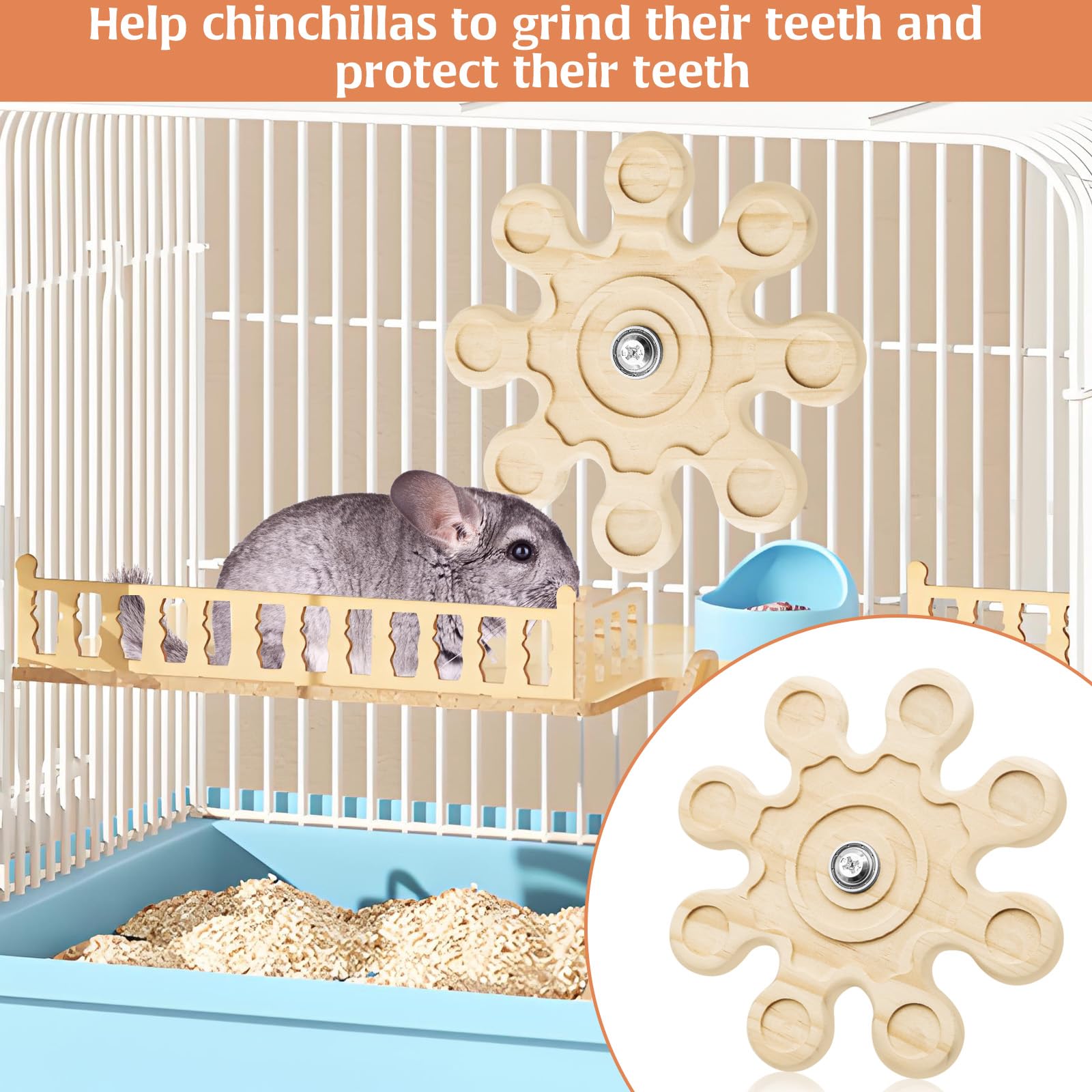 Hingtai Chinchilla Chew Toys, Natural Wooden Teeth Grinding Guinea Pig Toys For Cage Snowflake- Shaped Rotating Hamster Chew Toy