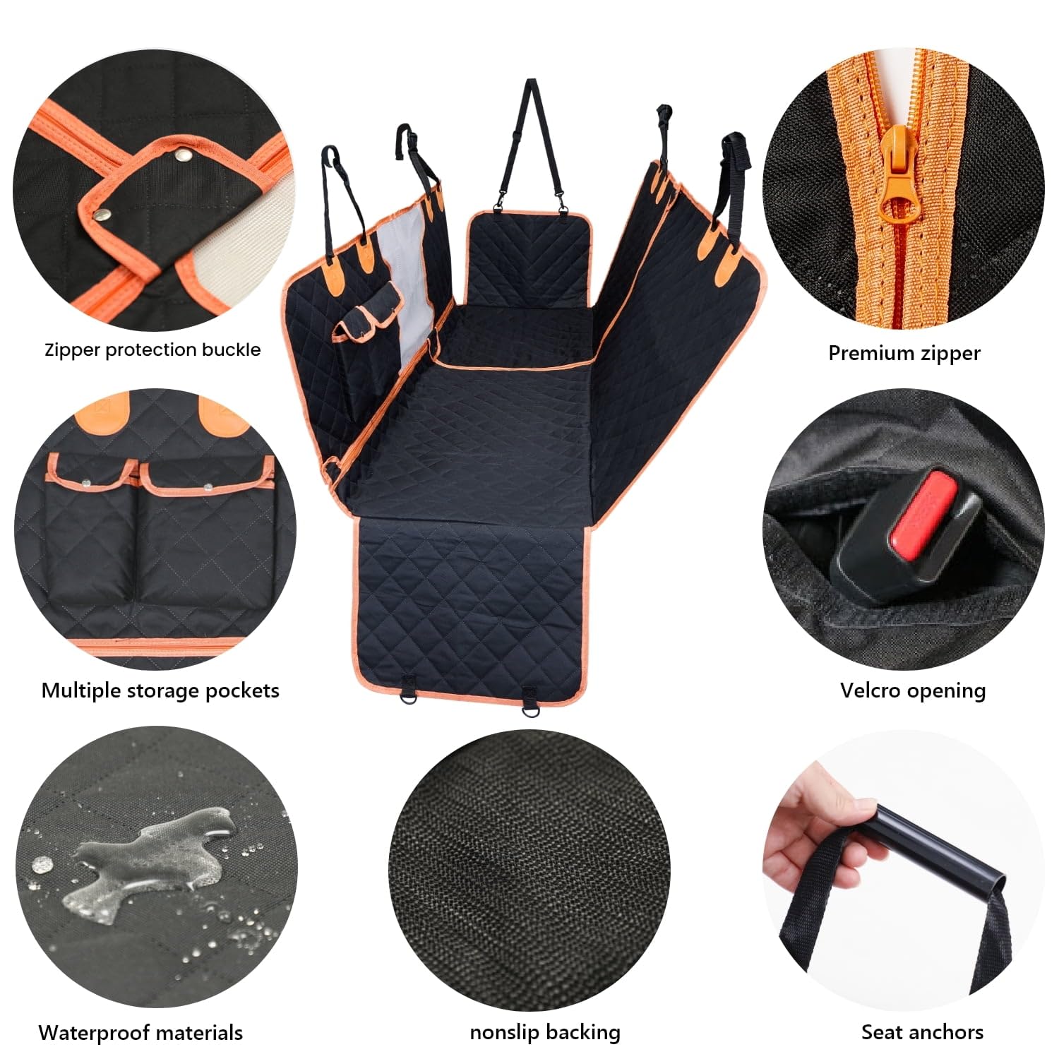 Depota Dog Seat Cover For Back Seat - Waterproof Car Seat Protector, Nonslip, Standard 54'' W X 58'' L (Black/Orange)
