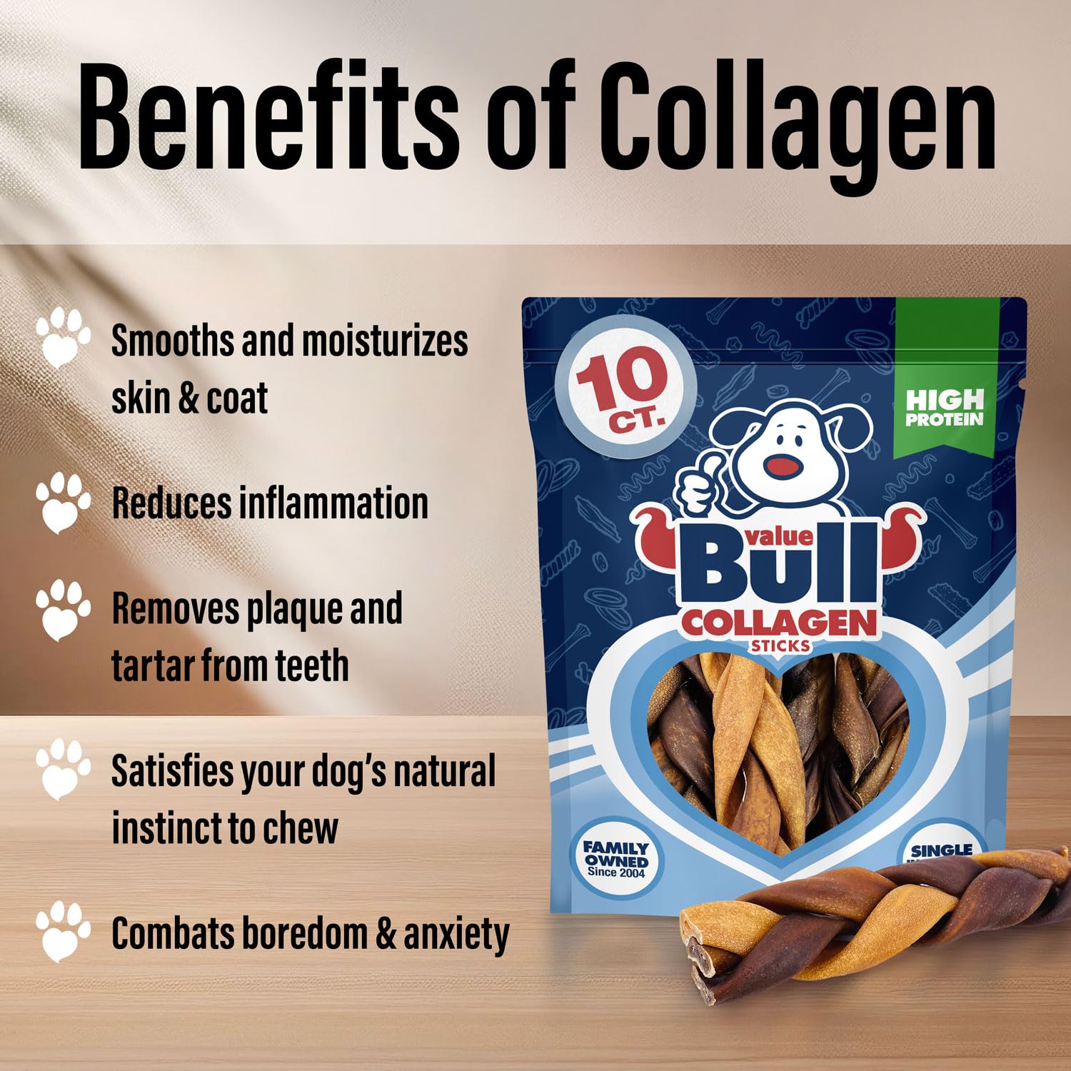 ValueBull Collagen Braided Sticks for Dogs, 6 Inch Medium Chews, Natural Long-Lasting Dog Treats, 10 Count - Supports Joints, Sk