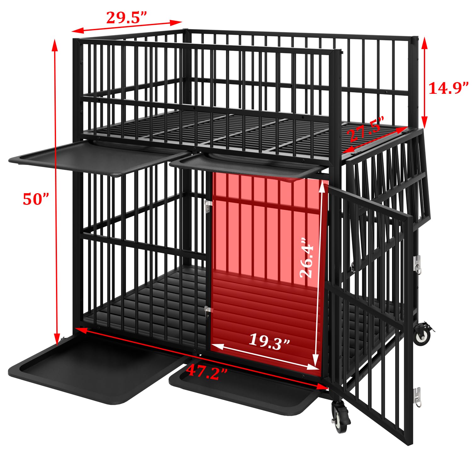 48 Inch Heavy Duty Indestructible Dog Crate, Strong Steel Escape-Proof Double Sub-Mother Breeding Cage For Large Dogs, Impact Ch
