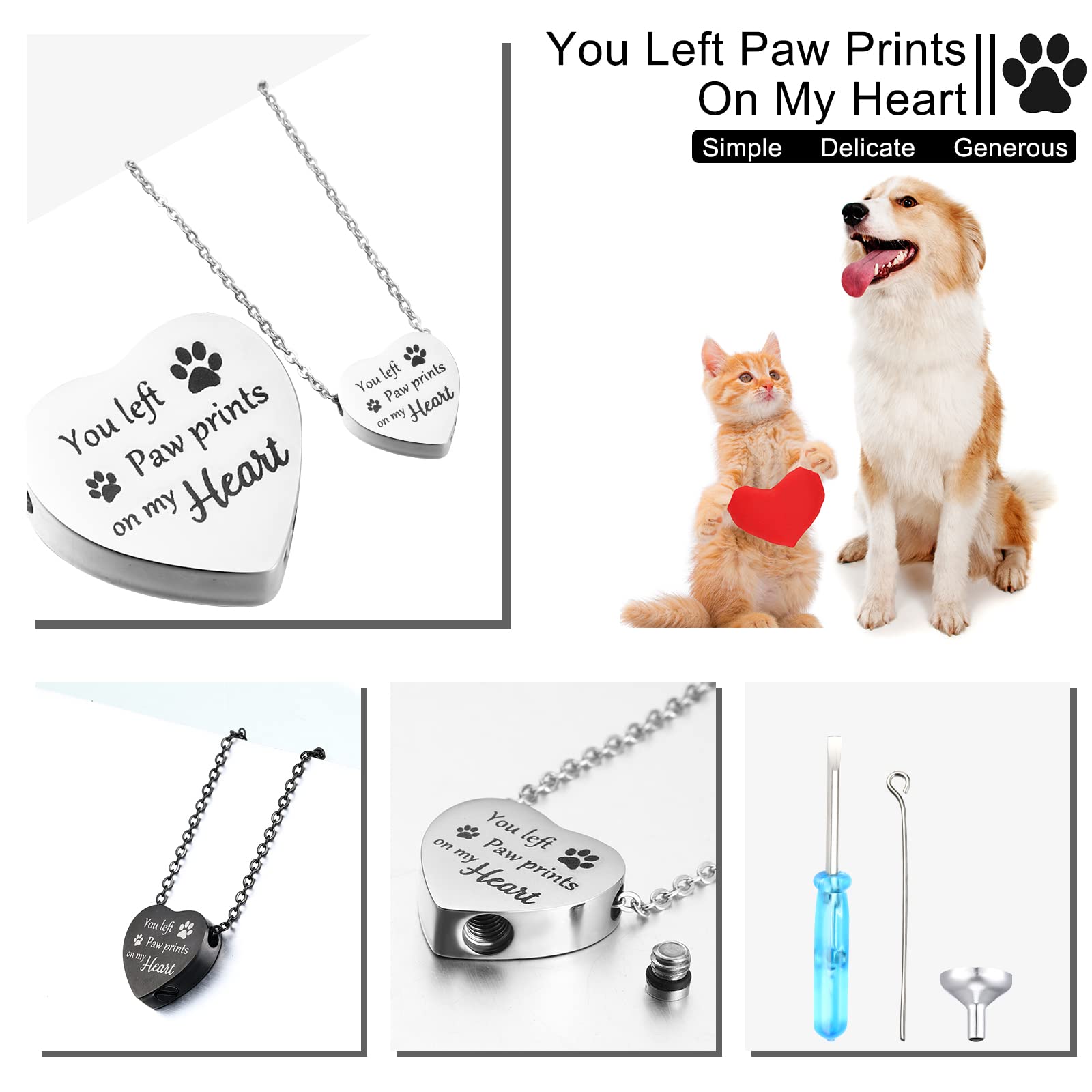 Yinkin 2 Pcs Pet Cremation Jewelry For Ashes Urn Necklace With Paw Print Heart, Pet Dog Necklace Stainless Steel Pendant Black And Silver Urn Locket With Funnel Kit For Dog Cat Ashes