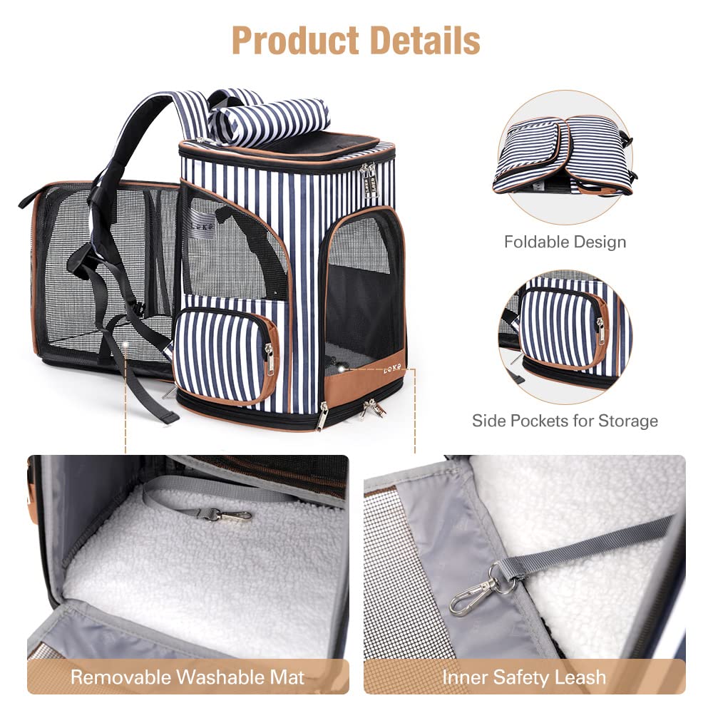 Lekereise Large Cat Backpack Expandable Pet Backpack Carrier For Small Medium Dogs Cats, Dog Carrier Backpack With Breathable Mesh And Inner Safety Leash, Striped