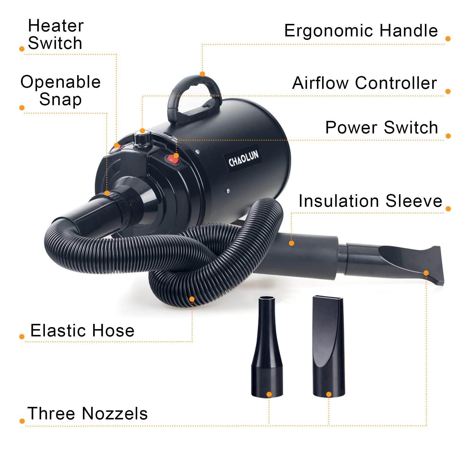 Chaolun Dog Dryer, Dog Blow Dryer, High Velocity Professional Pet Grooming Dryer, Dog Hair Dryer With Heater, Stepless Adjustable Speed, 3 Different Nozzles And A Comb, Black