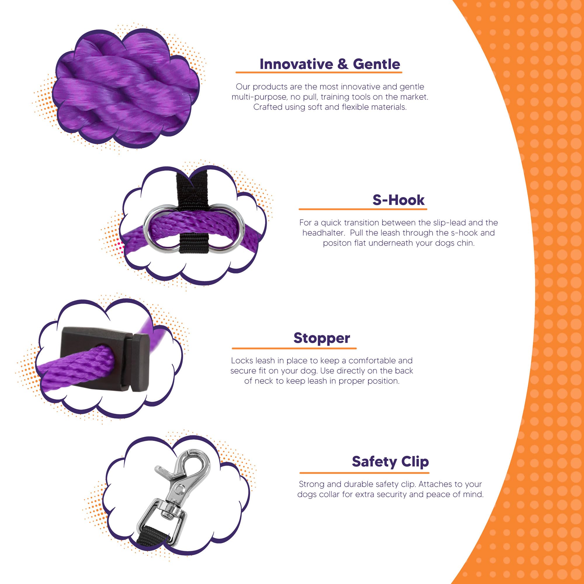 Heather'S Heroes Sidekick Dog Headcollar With Leash - Effective Dog Training Tool For Leash Reactivity And Behavior Issues (Purp