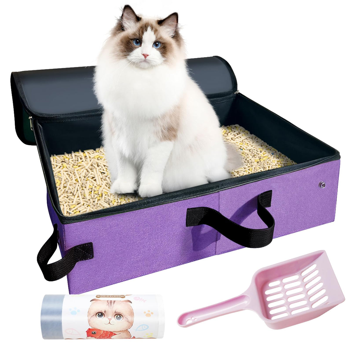 Upgraded Portable Cat Travel Litter Box With Zipped Lid & 10 Liners, Leak-Proof And Foldable Travel Cat Litter Box For Hotels, C