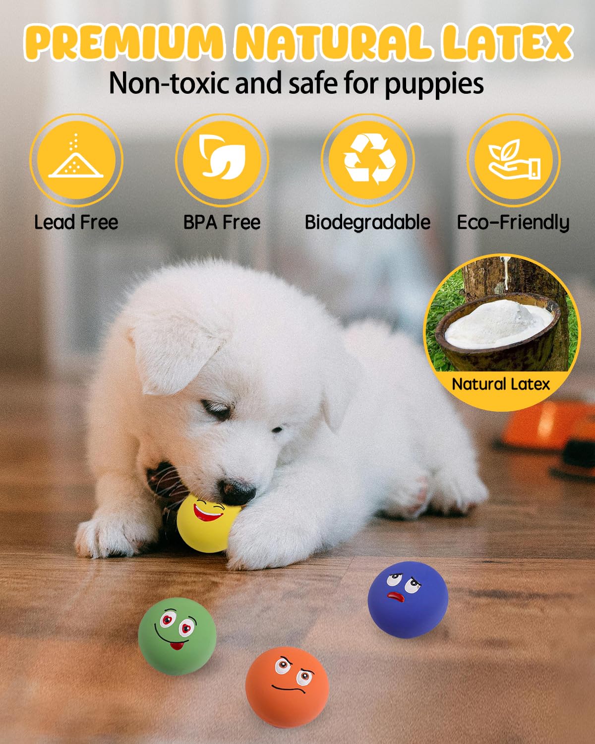 SCHITEC Squeaky Dog Toys - 6 Pack Interactive Puppy Balls, Natural Rubber, Multicolor, Model CW-0254 for Small Breed Dogs