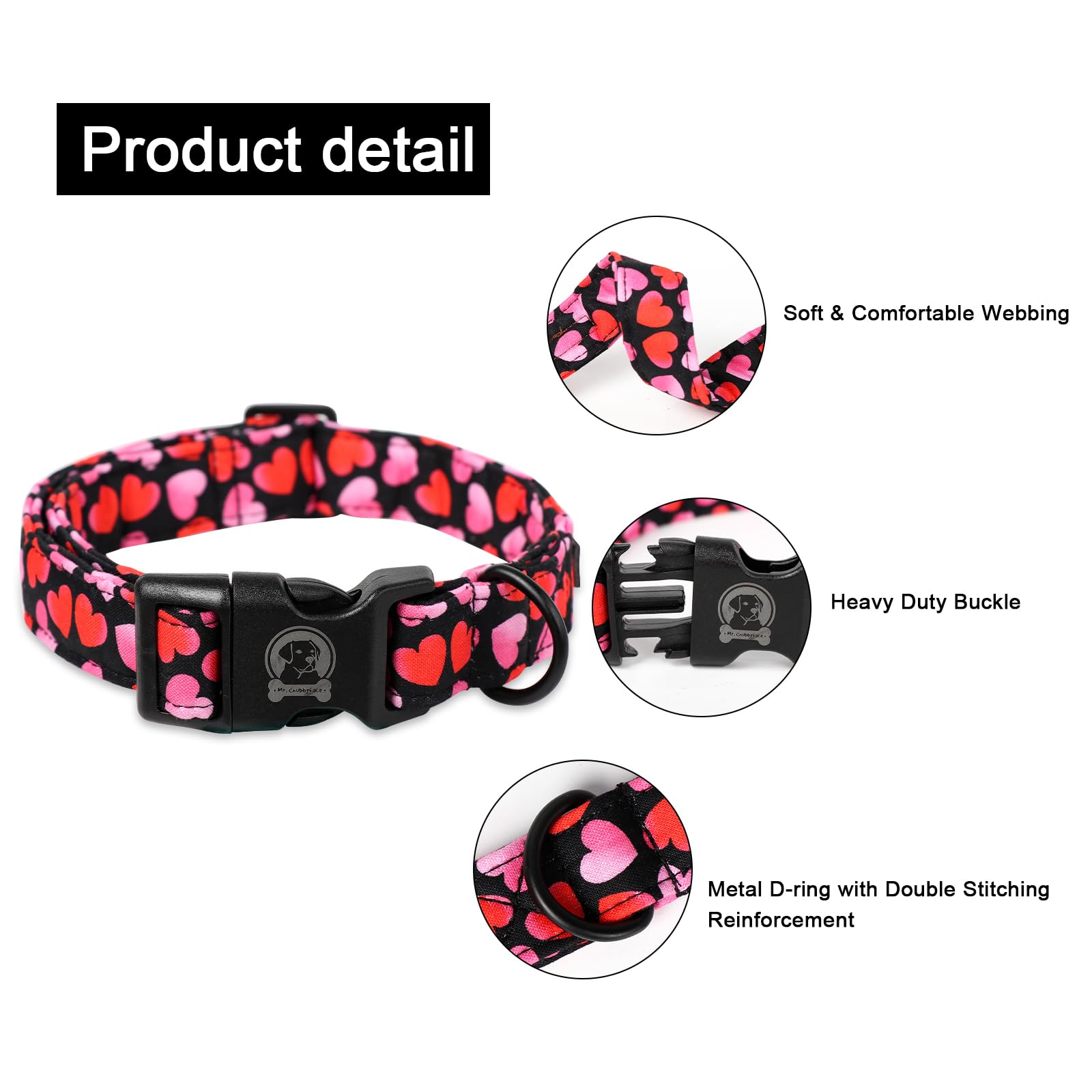 Mr. Chubbyface Valentines Dog Collar,Cute Pink Love Heart Cotton Dog Collars, Adjustable Valentine Girl Female Male Pet Collars