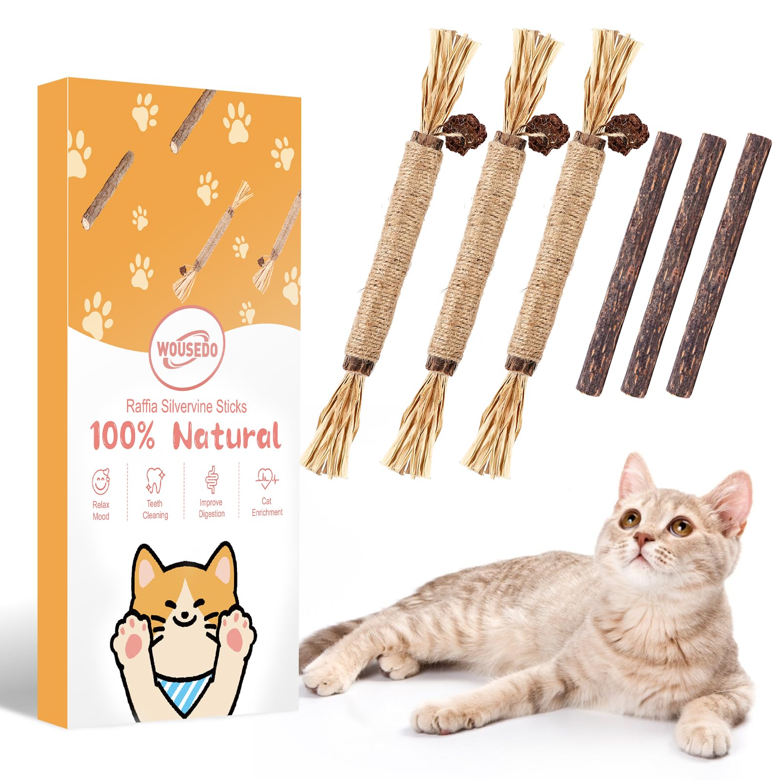 Wousedo 6 Pack Silvervine Sticks Cat Toy, Natural Chew Stick For Dental Care Teeth Cleaning,Matatabi Cat Nip Treat Toys For Indo