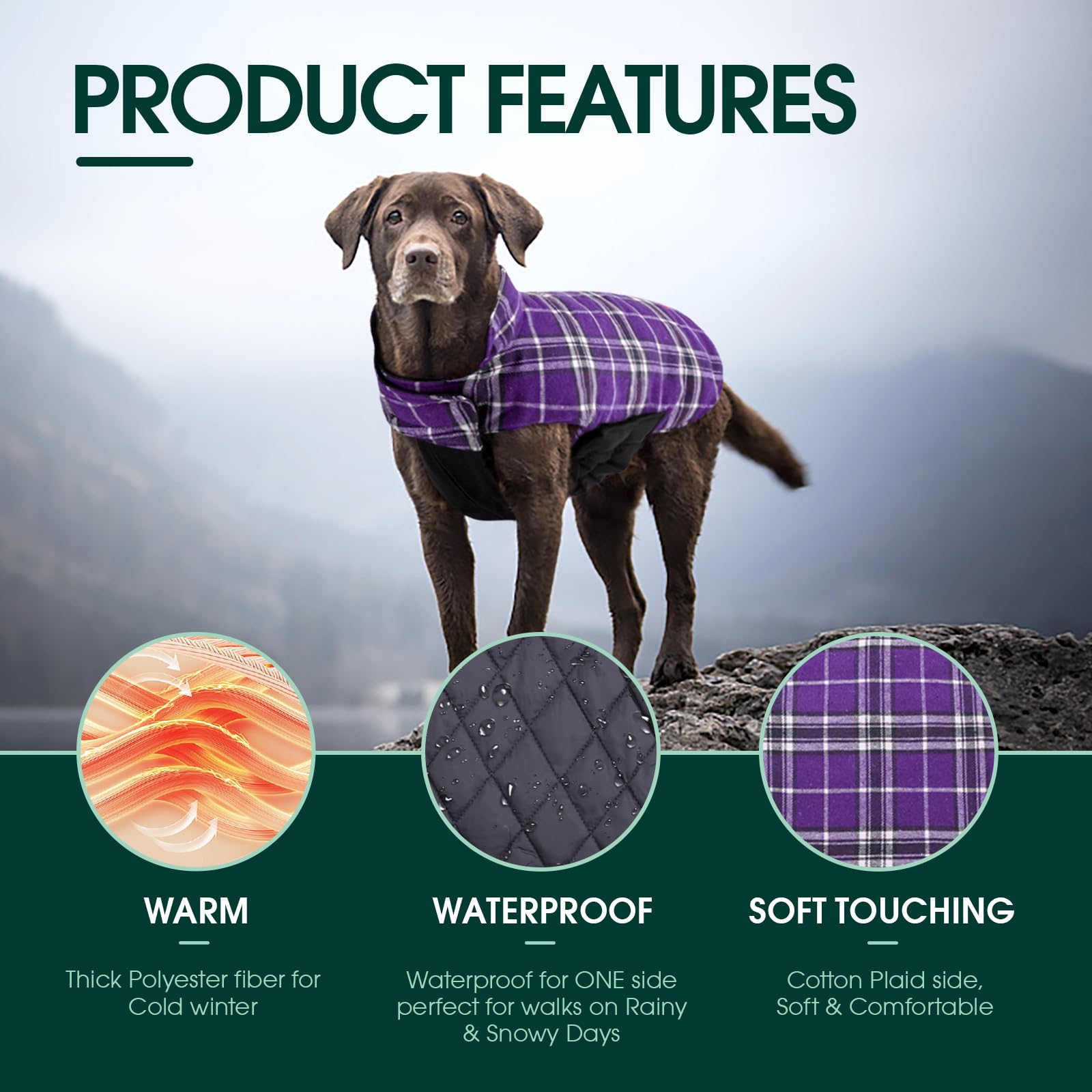 Kuoser Reversible Waterproof Winter Coat For Small, Medium And Large Dogs - Plaid Style With Cozy Vest For Cold Weather - Purple